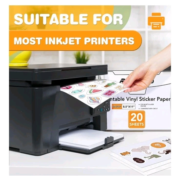 Glossy Vinyl Sticker Paper 20pc 8.5 x 11 for Inkjet & Laser, Compatible W Cricut