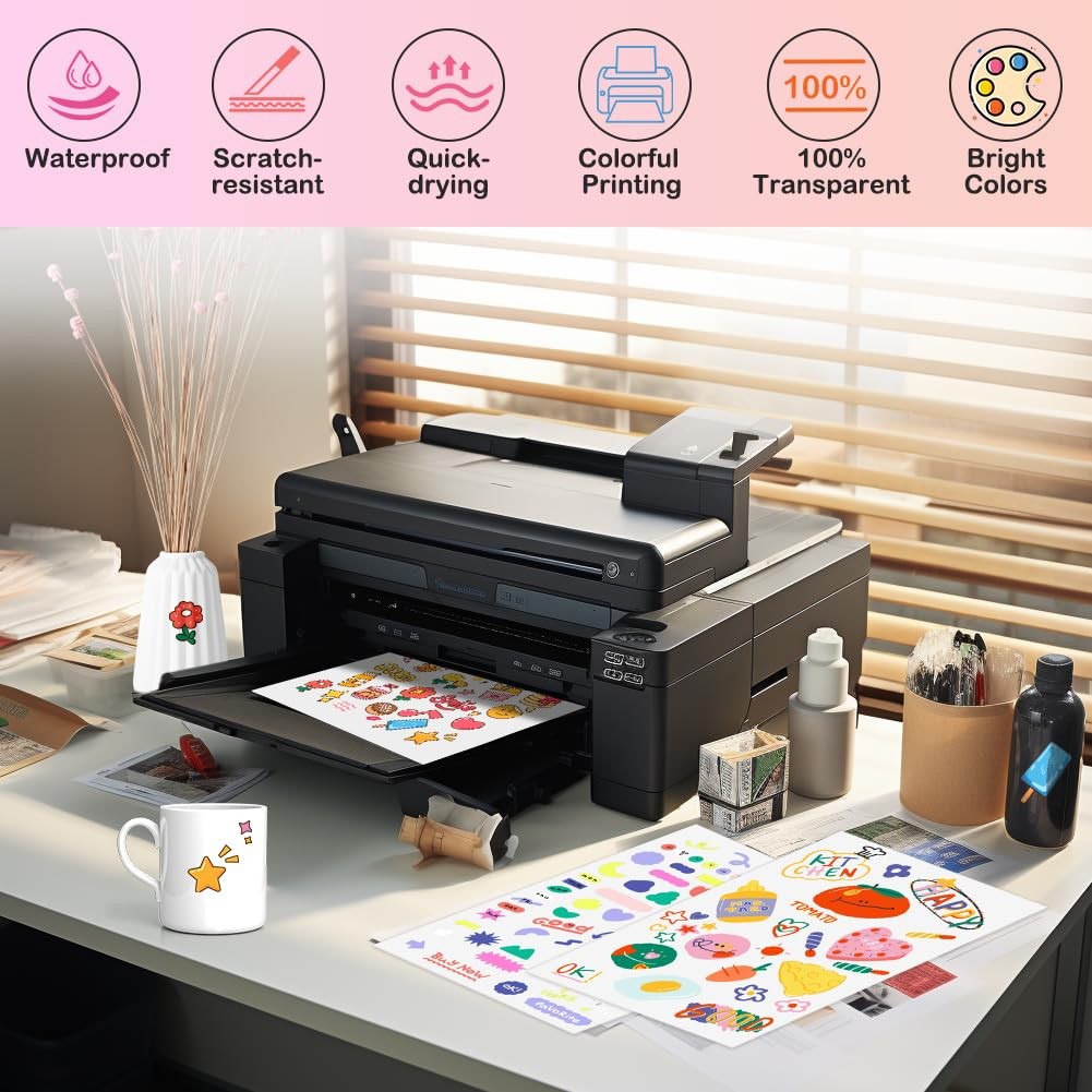 12 Sheets A4 Sticker Paper for Printing, Transparent a4 Self Adhesive Film…
