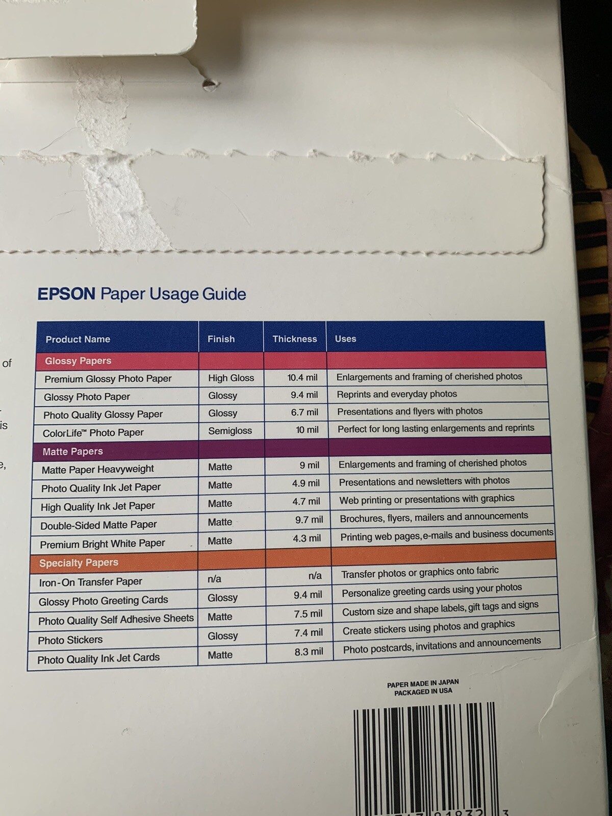 Epson Matte Heavyweight Photo Paper S041257 8.5 x 11 50 sheets per box ink jet