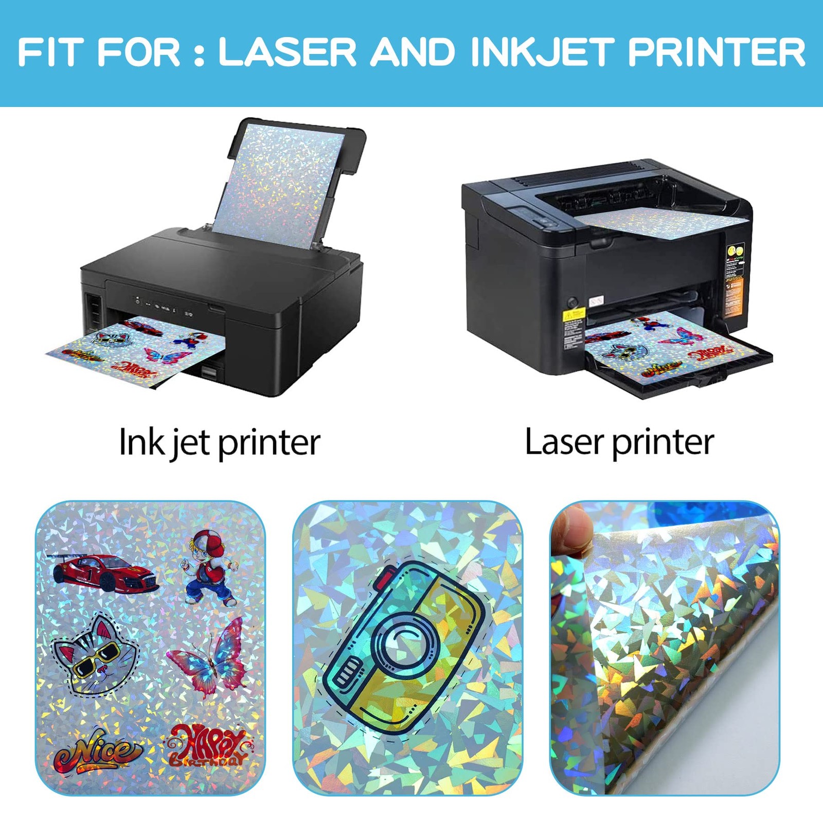 20 Sheets Printable Holographic Sticker for Inkjet & Laser Printer Holographi…