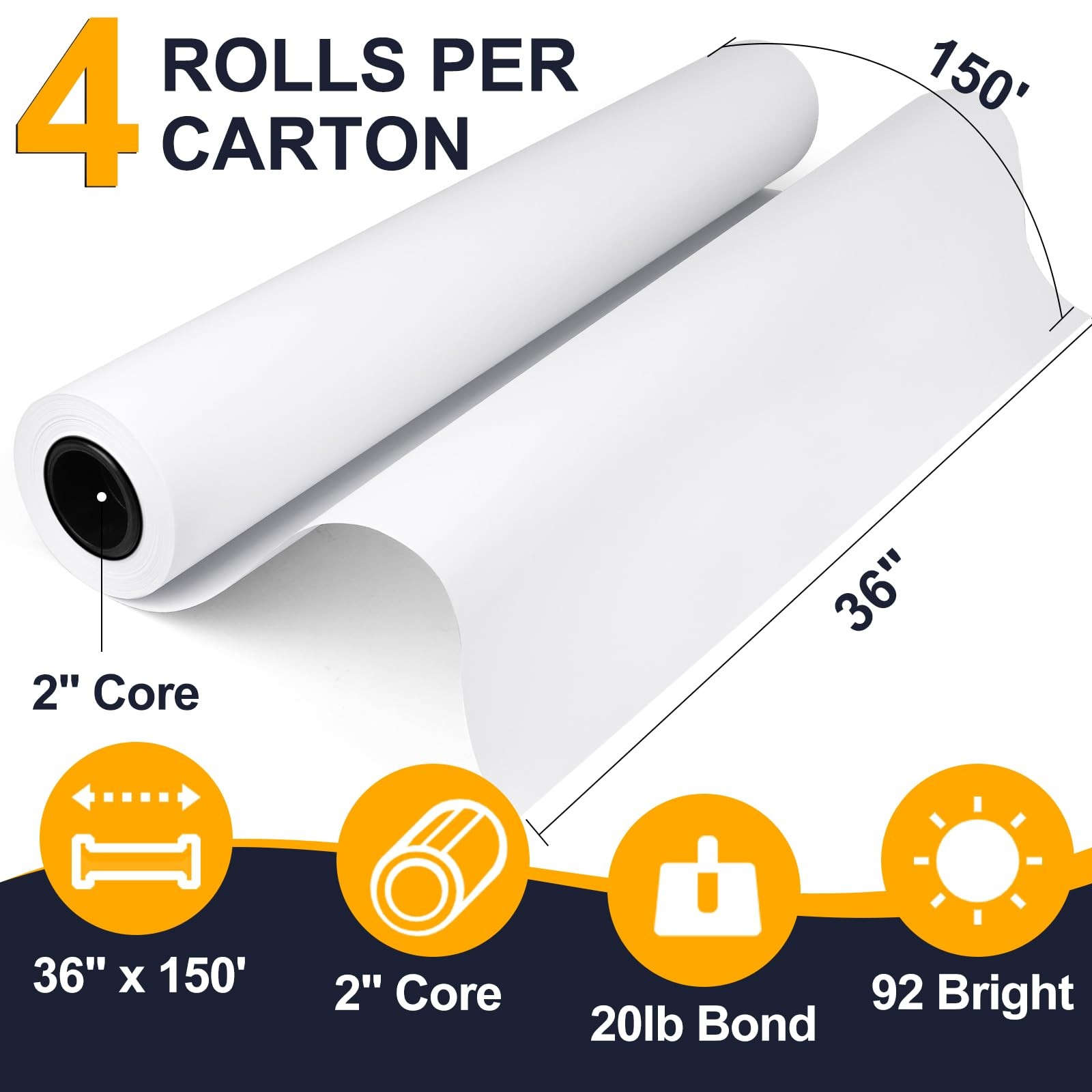 Wide Format Paper,4 Rolls Plotter Paper 36 In x 150 Ft, CAD Bond Rolls,20lb,B…