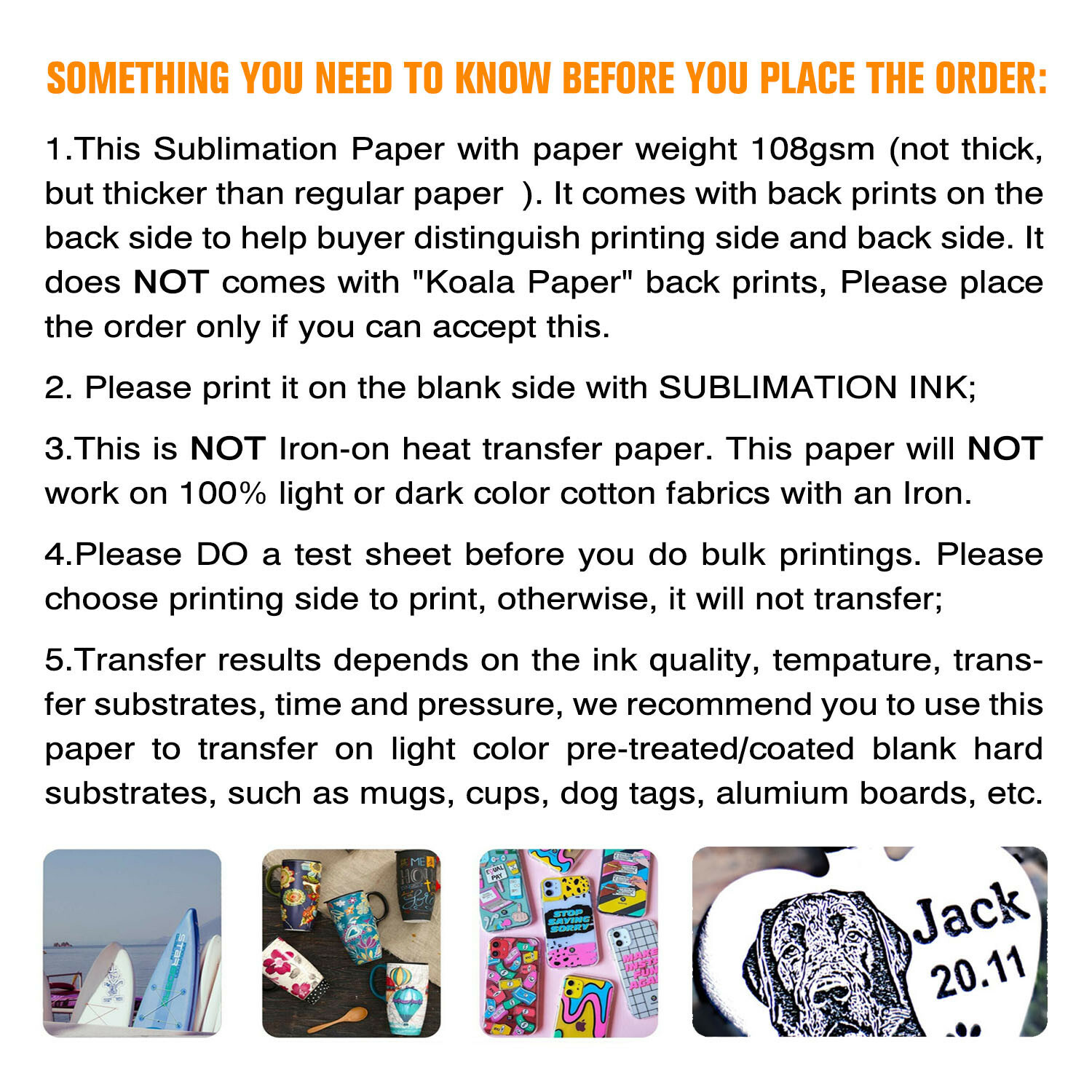 Koala Sublimation Paper Heat Transfer 8.5×11 100 Sheets for Inkjet Printer Epson