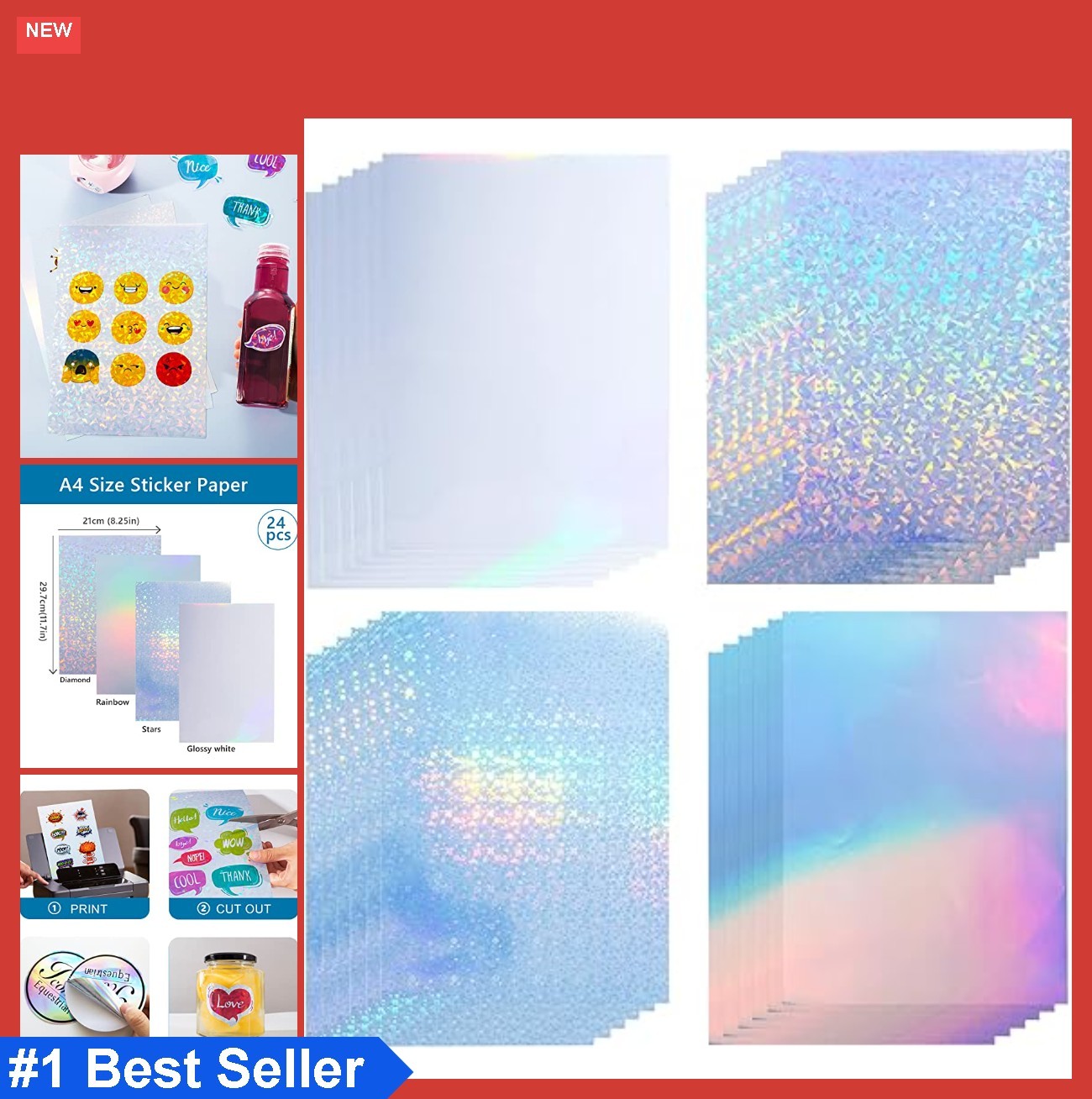 Printable Vinyl Sticker Paper A4 Size Holographic Glossy Self-Adhesive