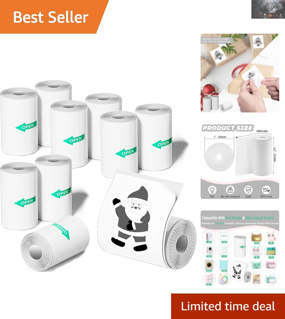 10 Rolls Mini Thermal Printer Sticker Paper for Kids Instant Cameras – 57x25mm