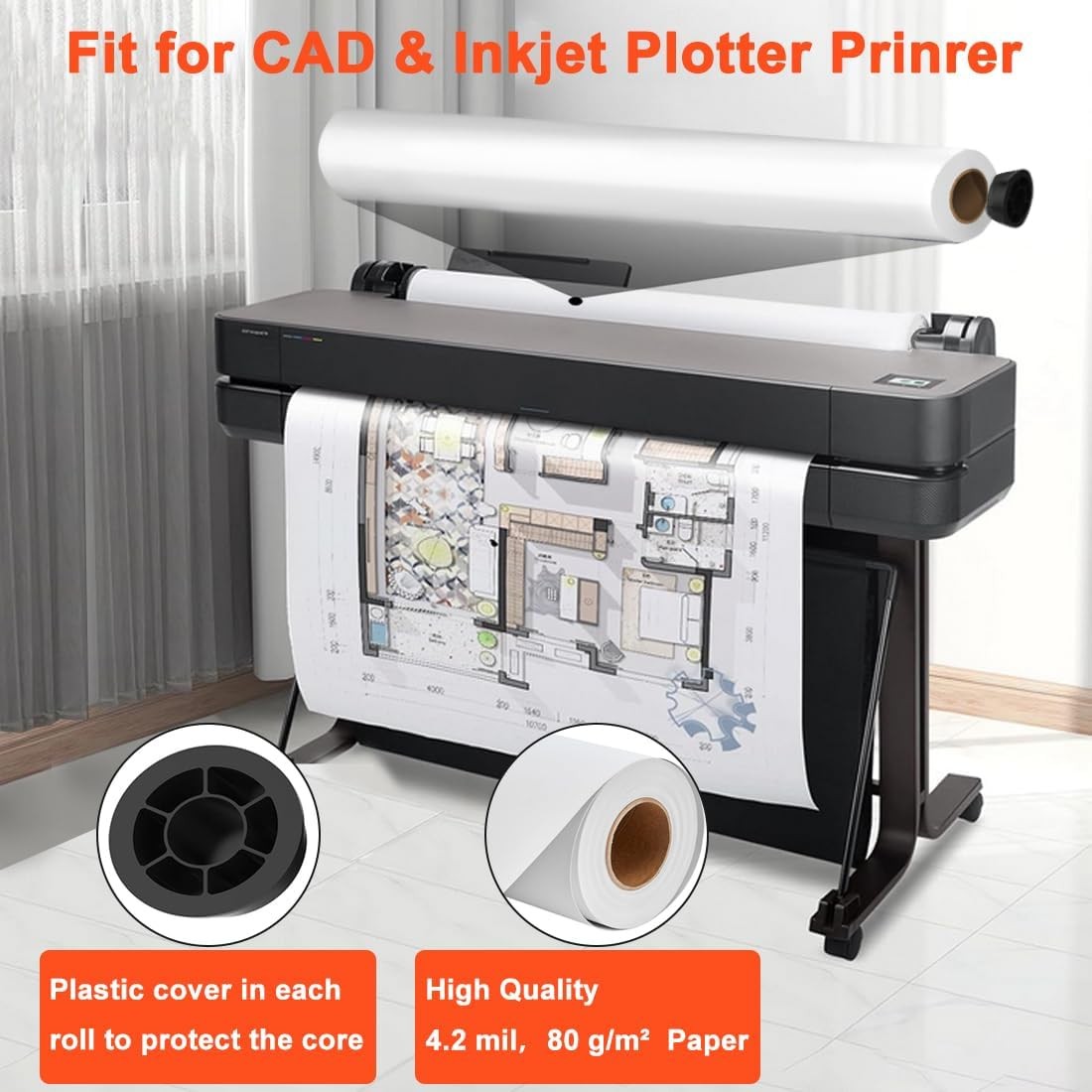 Wide Format Paper Plotter Paper 4 Rolls 24 in x 150 ft CAD Bond Rolls 2″Core