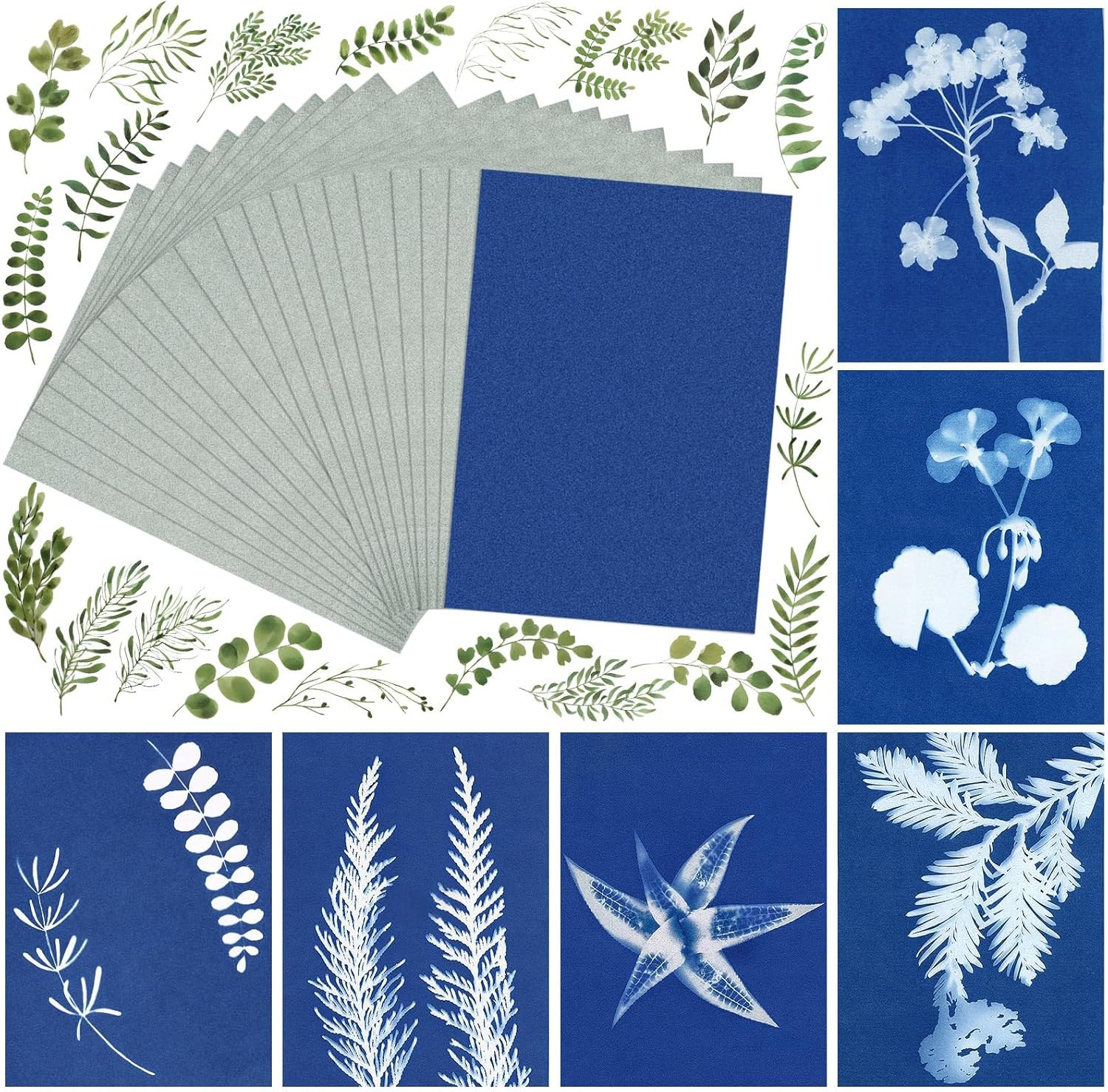 20 PCS Cyanotype Sun Print Kit, A5 Sensitive Solar Art Paper Kit with 20 Pcs Lea