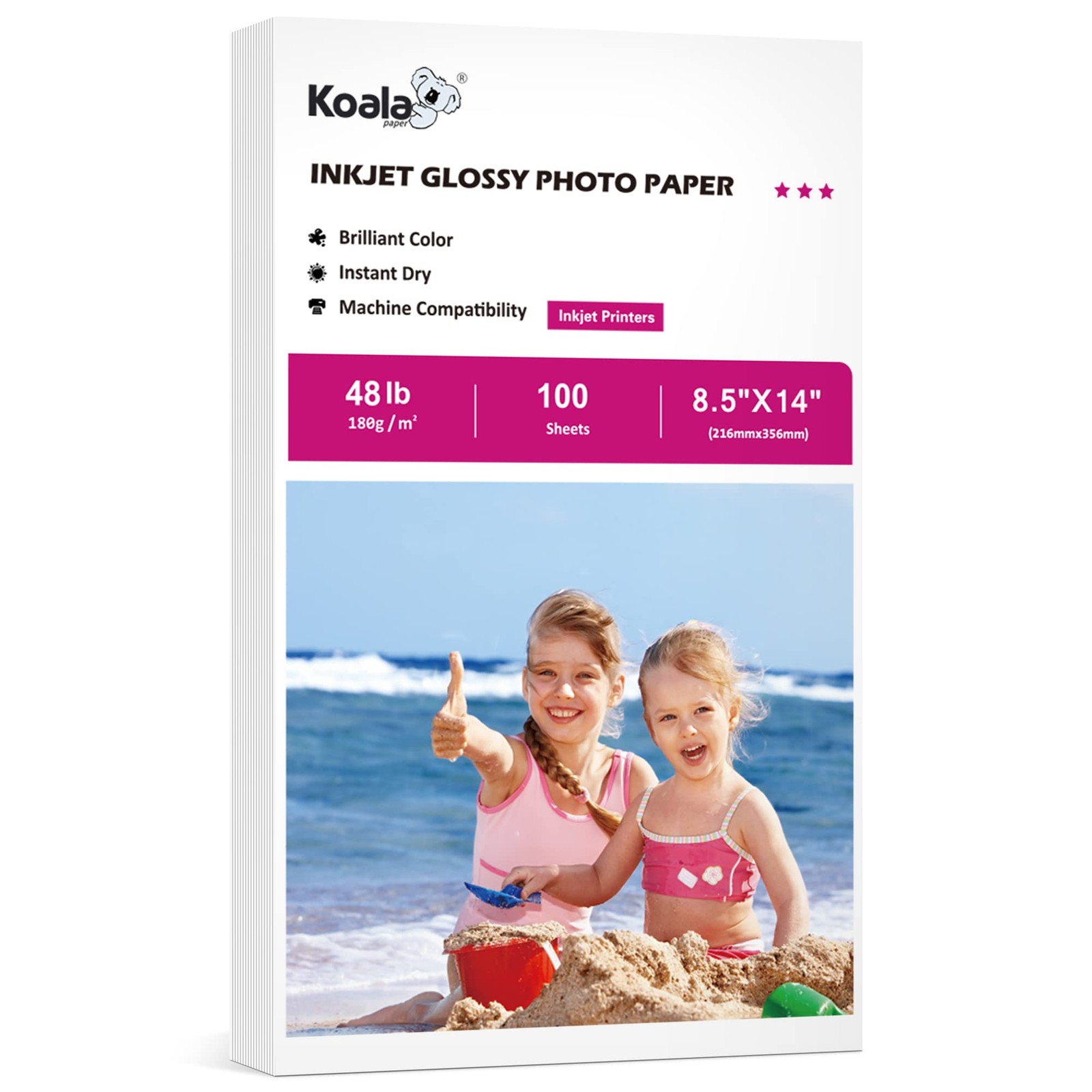 100 Sheets Koala Glossy Inkjet Photo Paper 8.5×14 Inch, 48lb 180gsm Legal