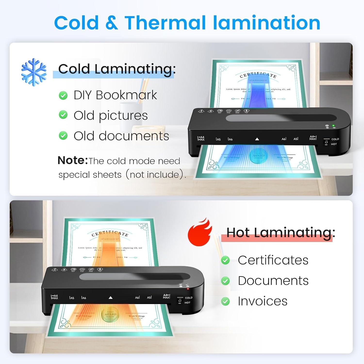 Laminator Machine, A4 Laminators Hot & Cold with 20 Laminating Sheets and