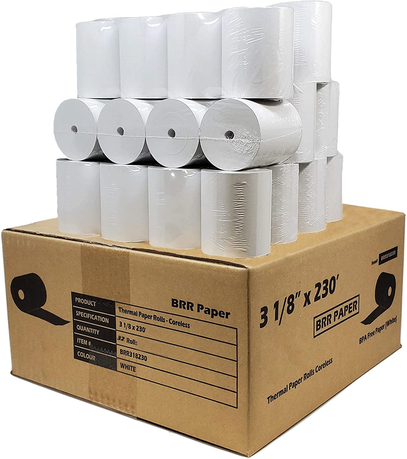 (32 Rolls – 55 GSM Coreless) 3 1/8 x 230 Thermal 1 Case – 32 Rolls, White