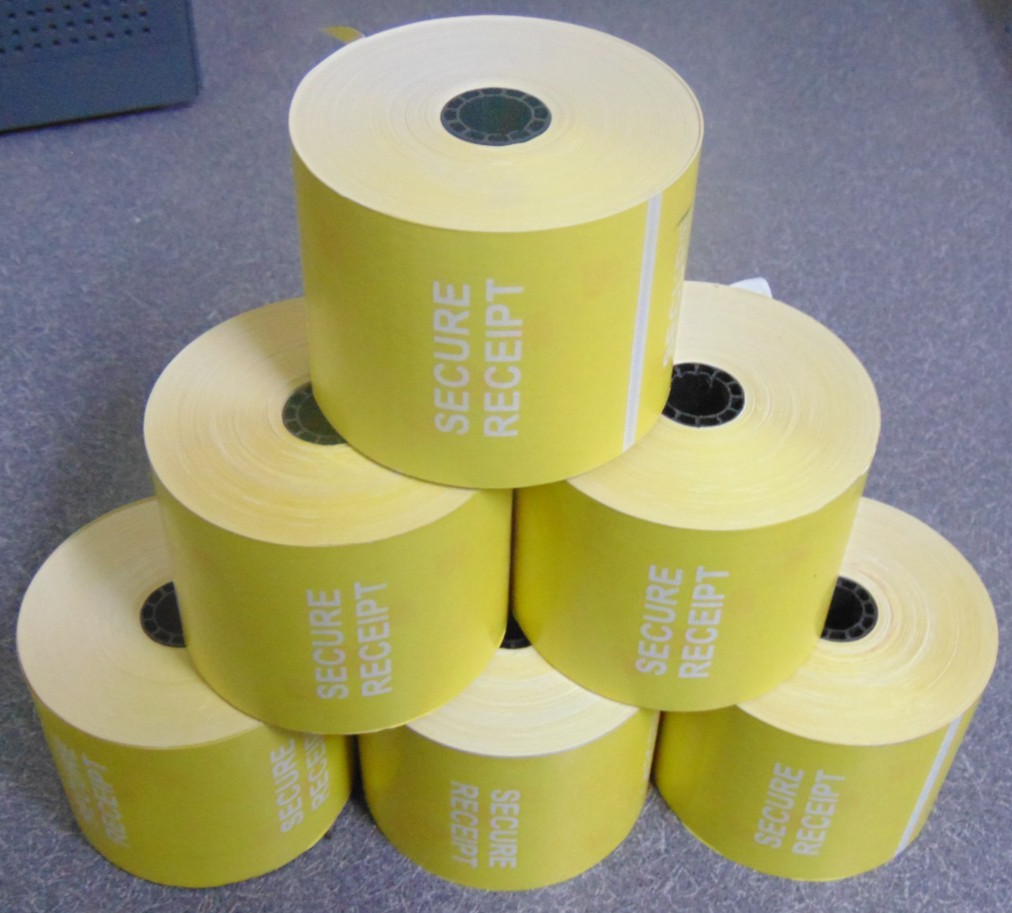 TWELVE PACK of SUPER High Security YELLOW Thermal Printer Paper. 12 ROLLS.