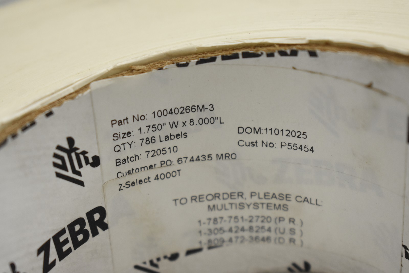Zebra Thermal Label Rolls Lot Of 4 10040266M-3 1.750″ x 8″ 786 Labels/Roll