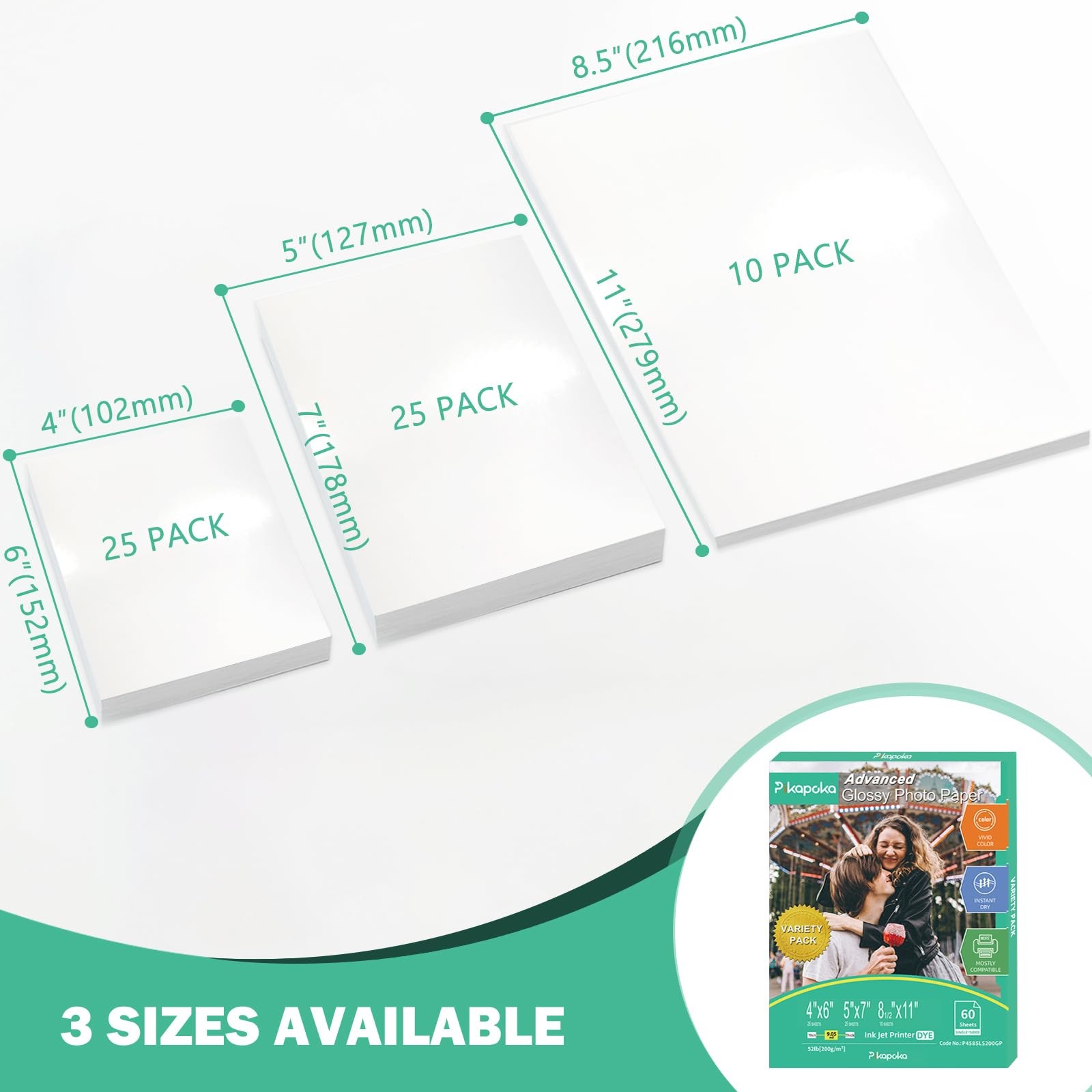 Glossy Photo Paper 4×6, 5×7, 8.5×11, 60 Variety Pack Bulk, Assorted Sizes, In…
