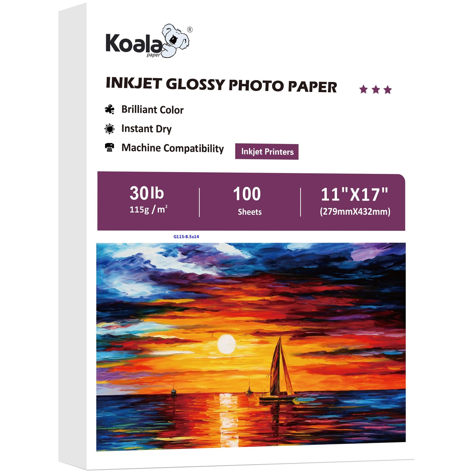100 Sheets 11×17″ 30LB Koala Glossy Thin Inkjet Printer Paper 115gsm DYE INK
