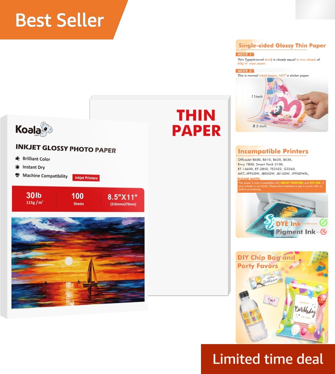 Koala 8.5×11 Glossy Inkjet Paper – 100 Sheets, Fast Dry, Perfect for Crafts
