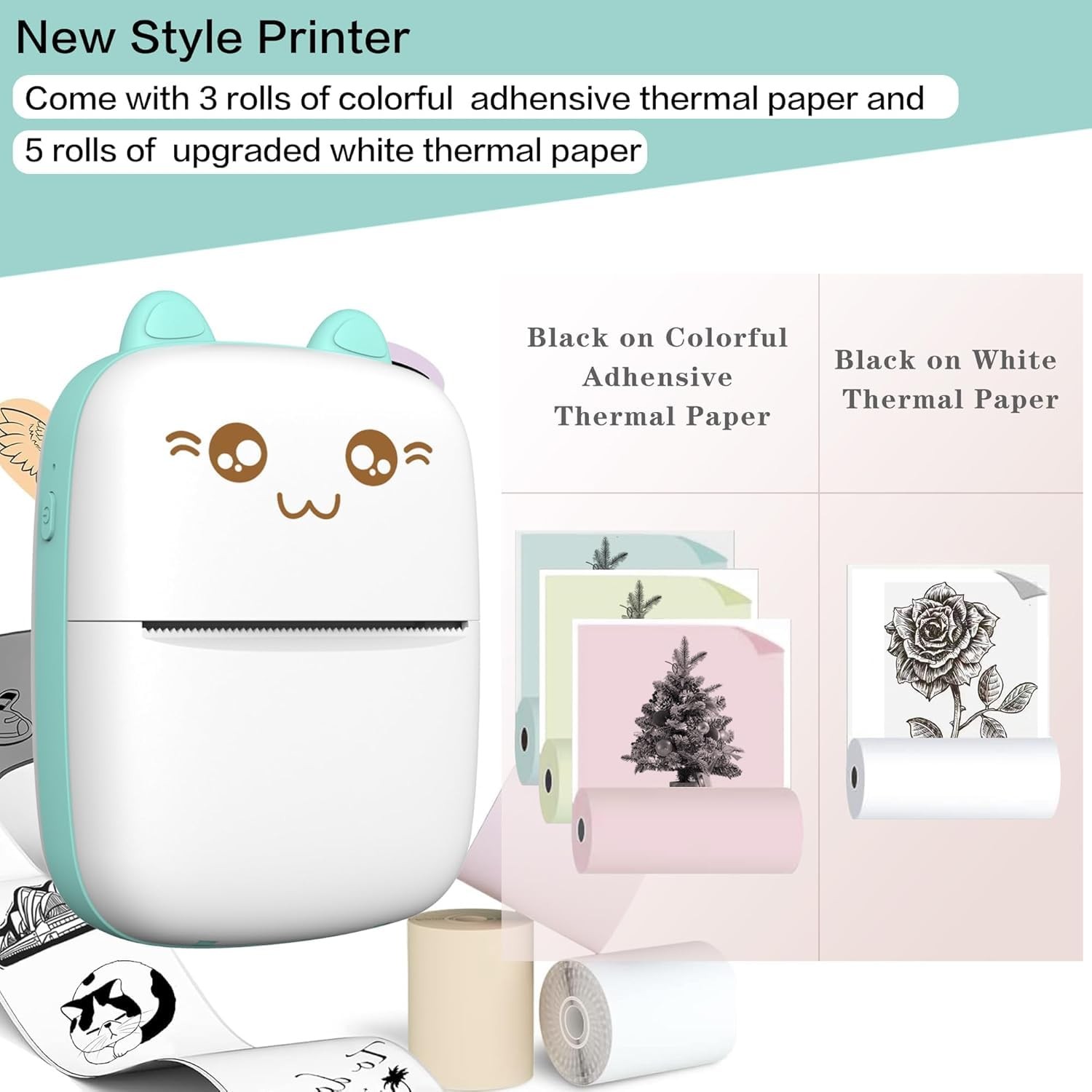 Mini Printer Portable, Inkless Sticker printer with 8 Rolls Paper, Blue