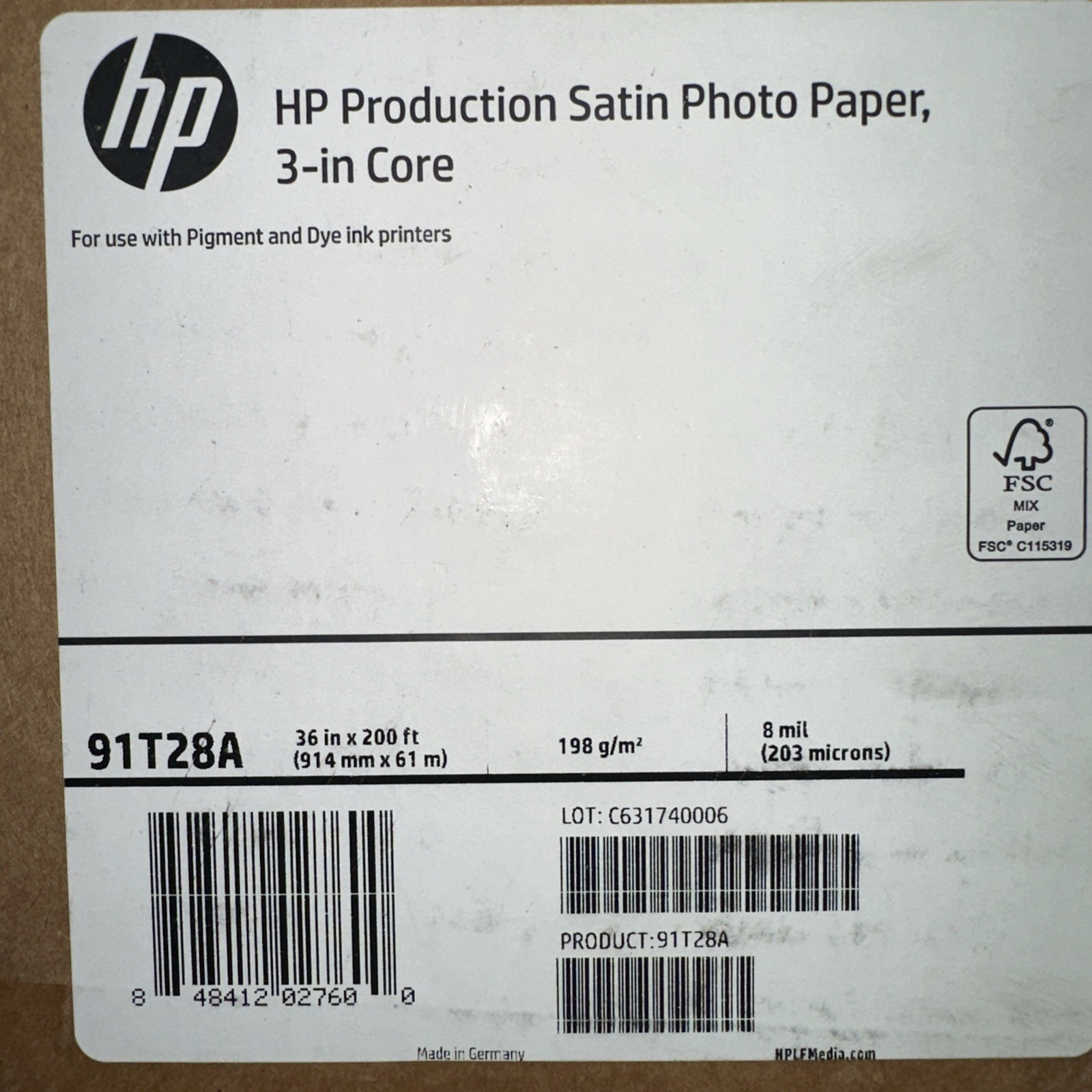 HP 91T28A Production Satin Photo Paper 36 in x 200ft NIB