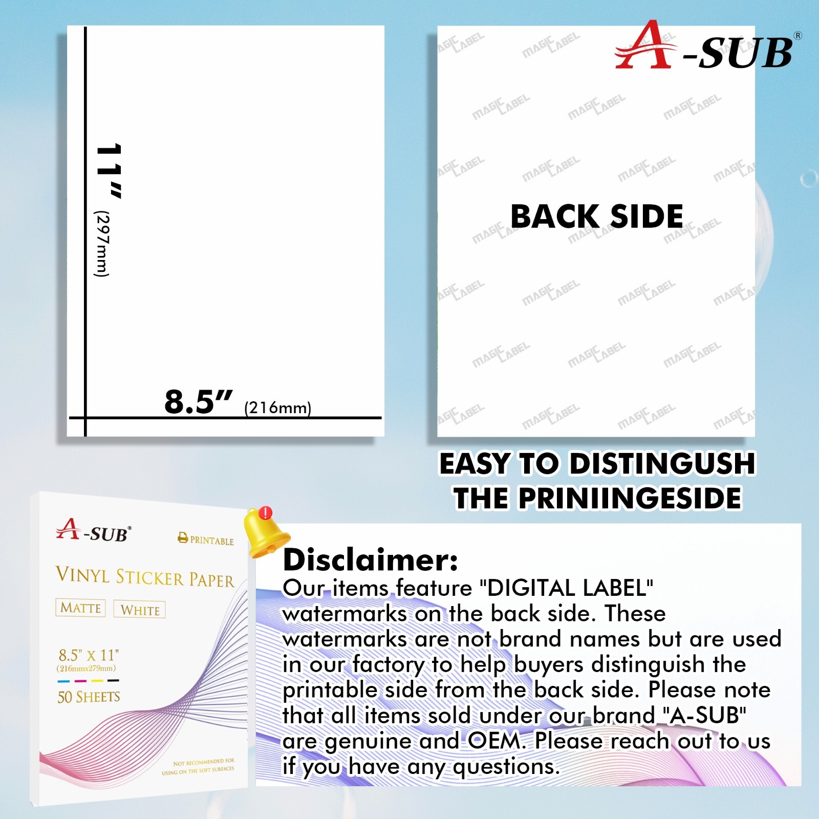 200 Sheets A-SUB Printable Vinyl Sticker Paper for Inkjet Waterproof Matte White