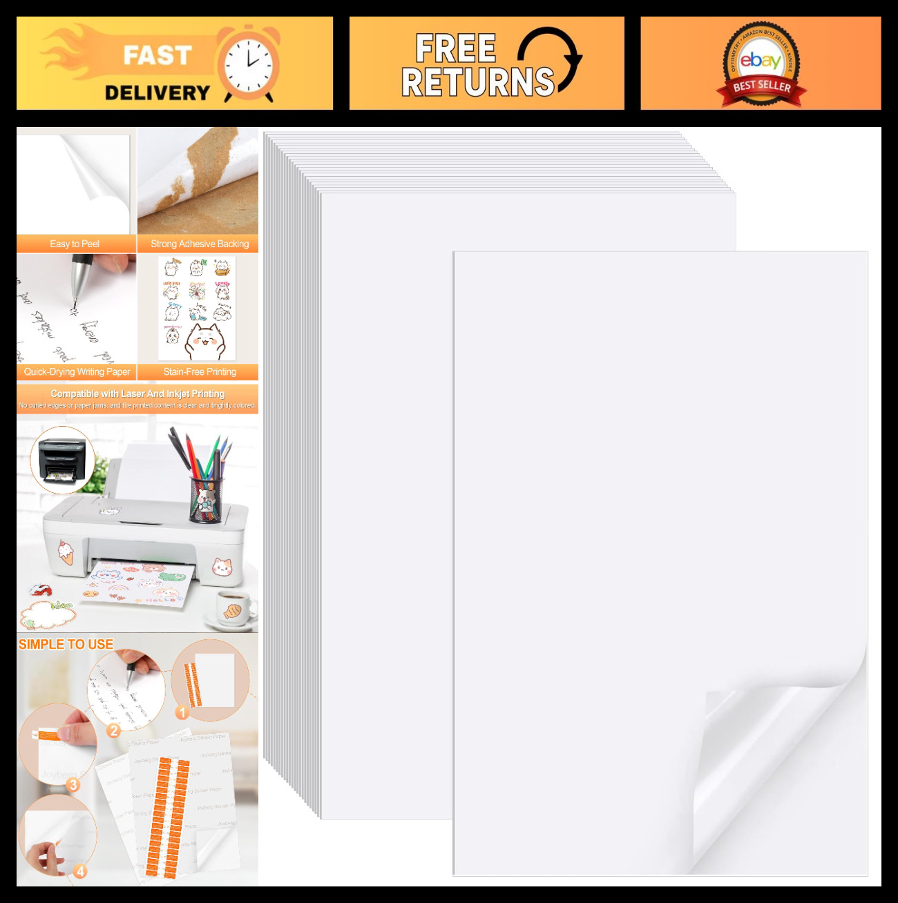 150 Sheets Printable Matte Sticker Paper 8.5×11″ for Inkjet & Laser Printers