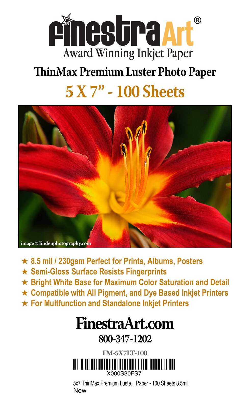 100 Sheets Premium Luster Inkjet Photo Paper 5×7 Inch Thinmax Printer Supply