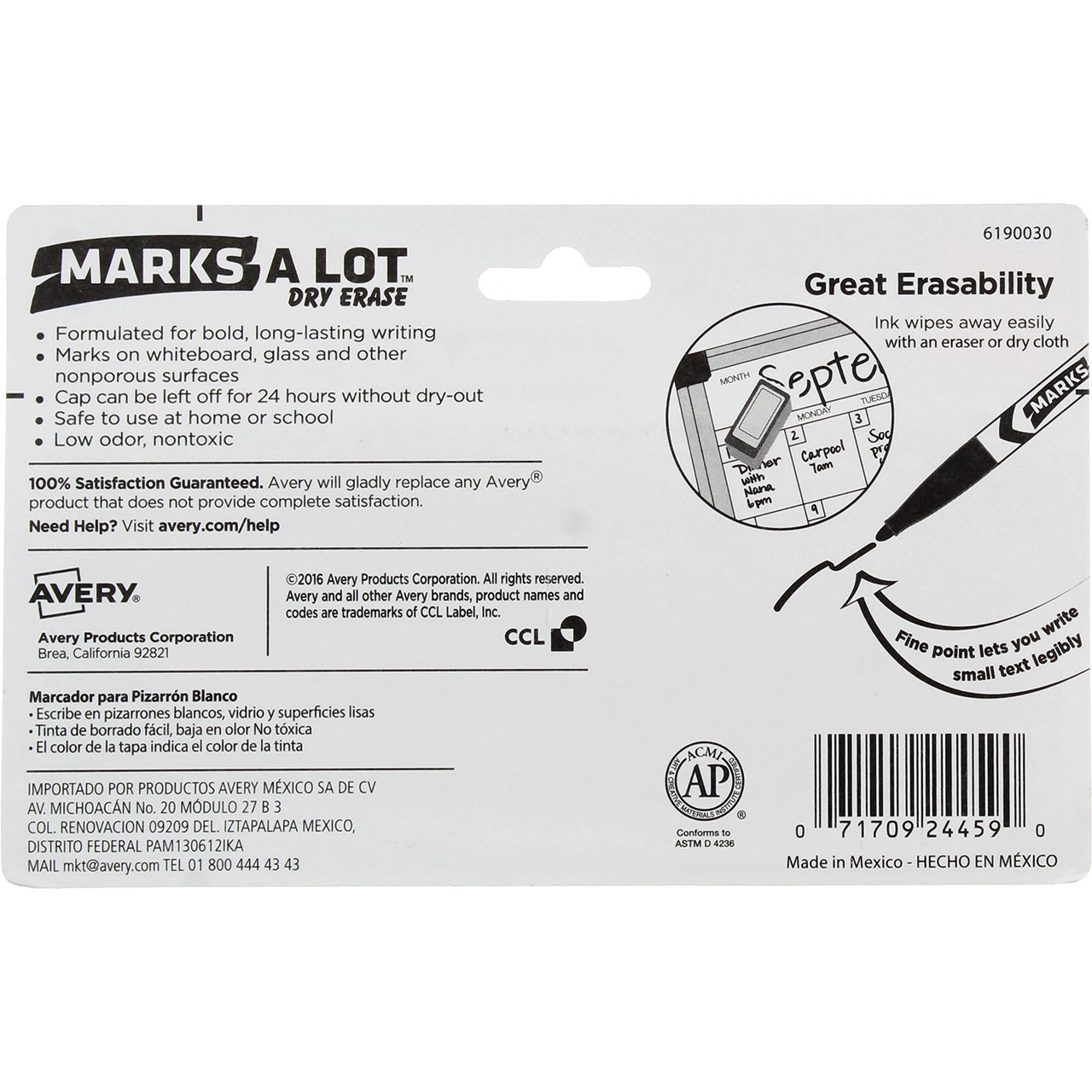 Marks-A-Lot Dry Erase Marker, Assorted Colors 24459, Pen-Style, Bullet Tip, 4 Ct