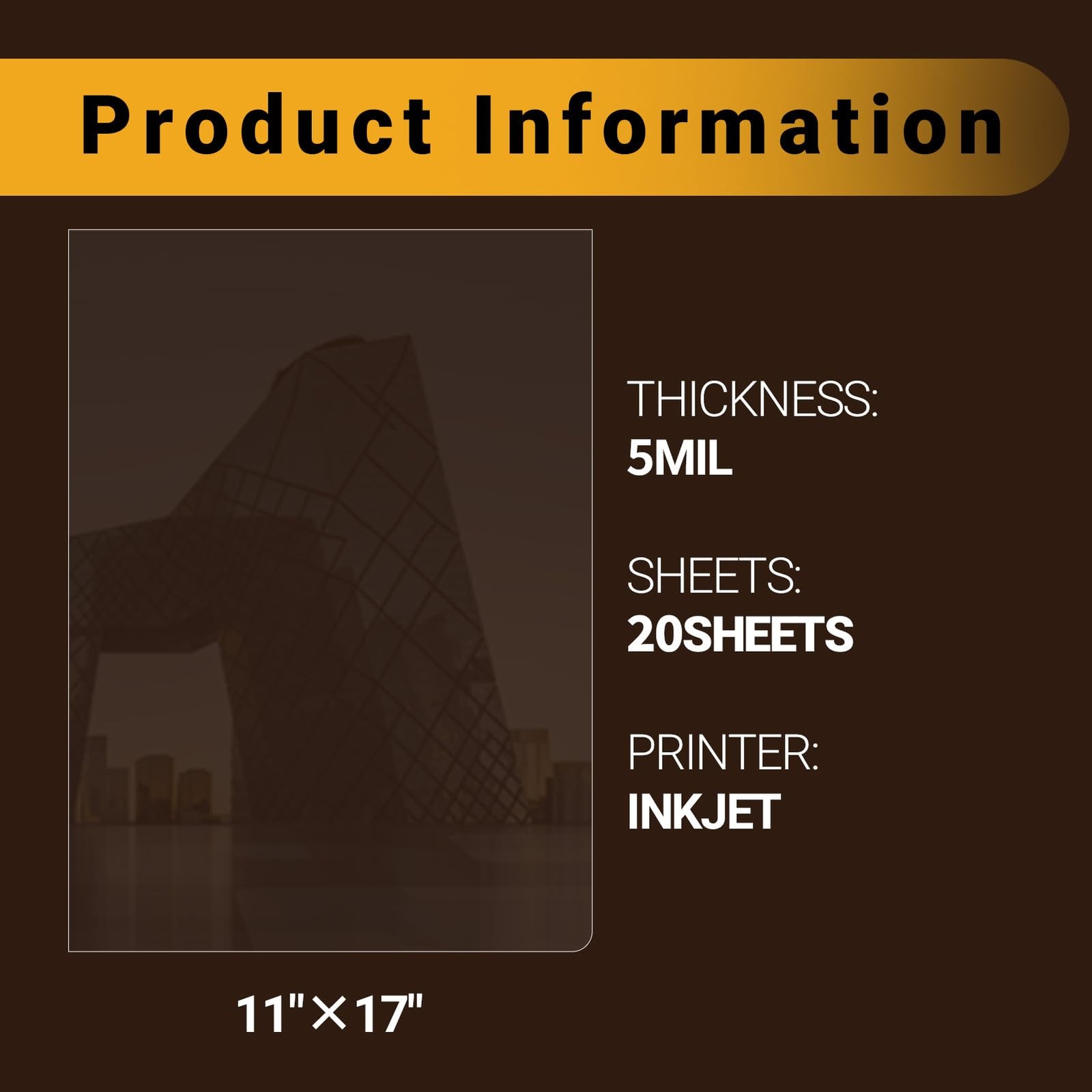 20 Sheets Inkjet Transparency Film, 11×17, Fast-Drying, Clear, OHP, Print