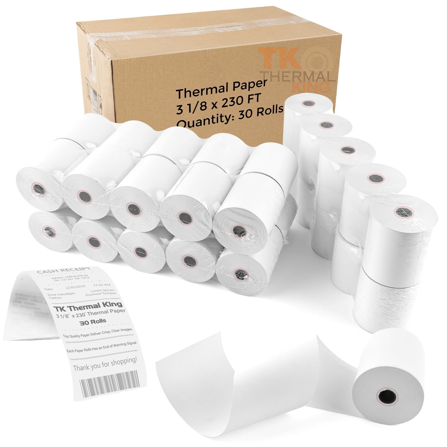 TK Thermal King, (30 Rolls) 3 1/8″ x 230′ Paper, 3-1/8″ x 230′, White