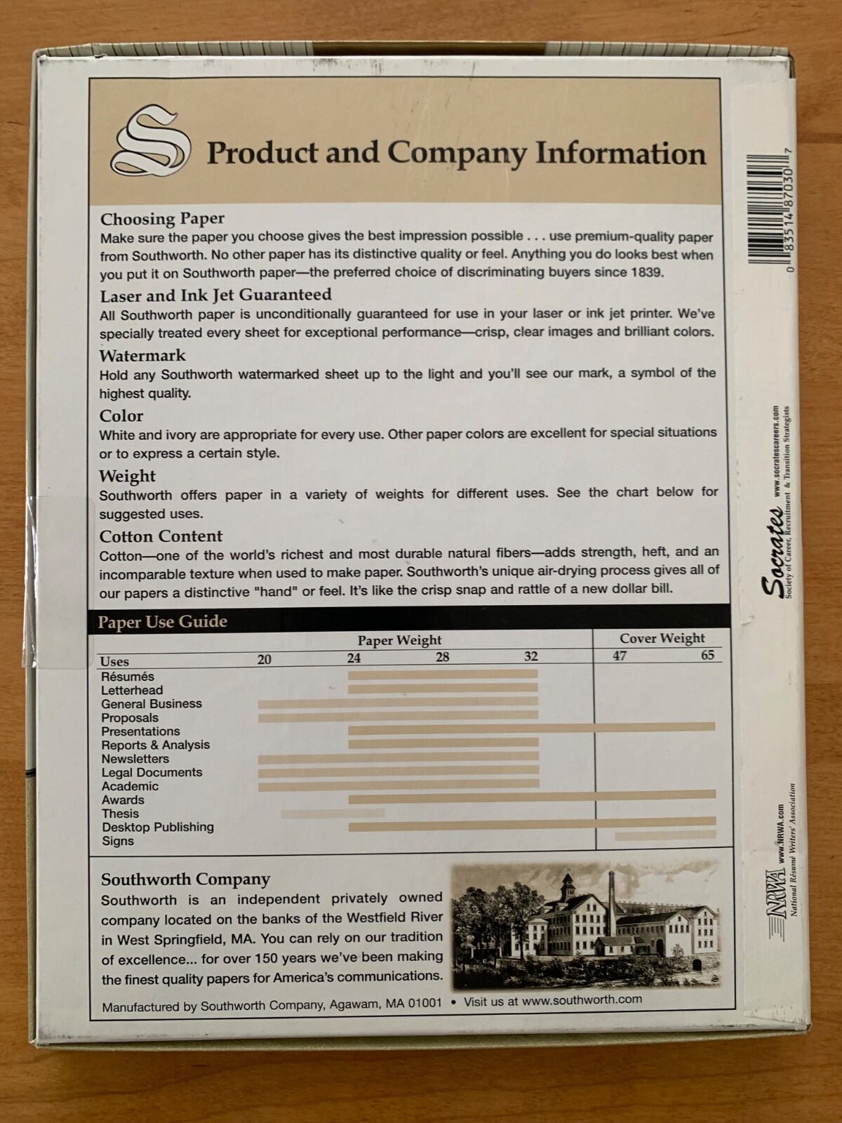 NEW | Southworth 100% Cotton Resume Paper Ivory 24 lbs 8-1/2 x 11 100/Box R14ICF