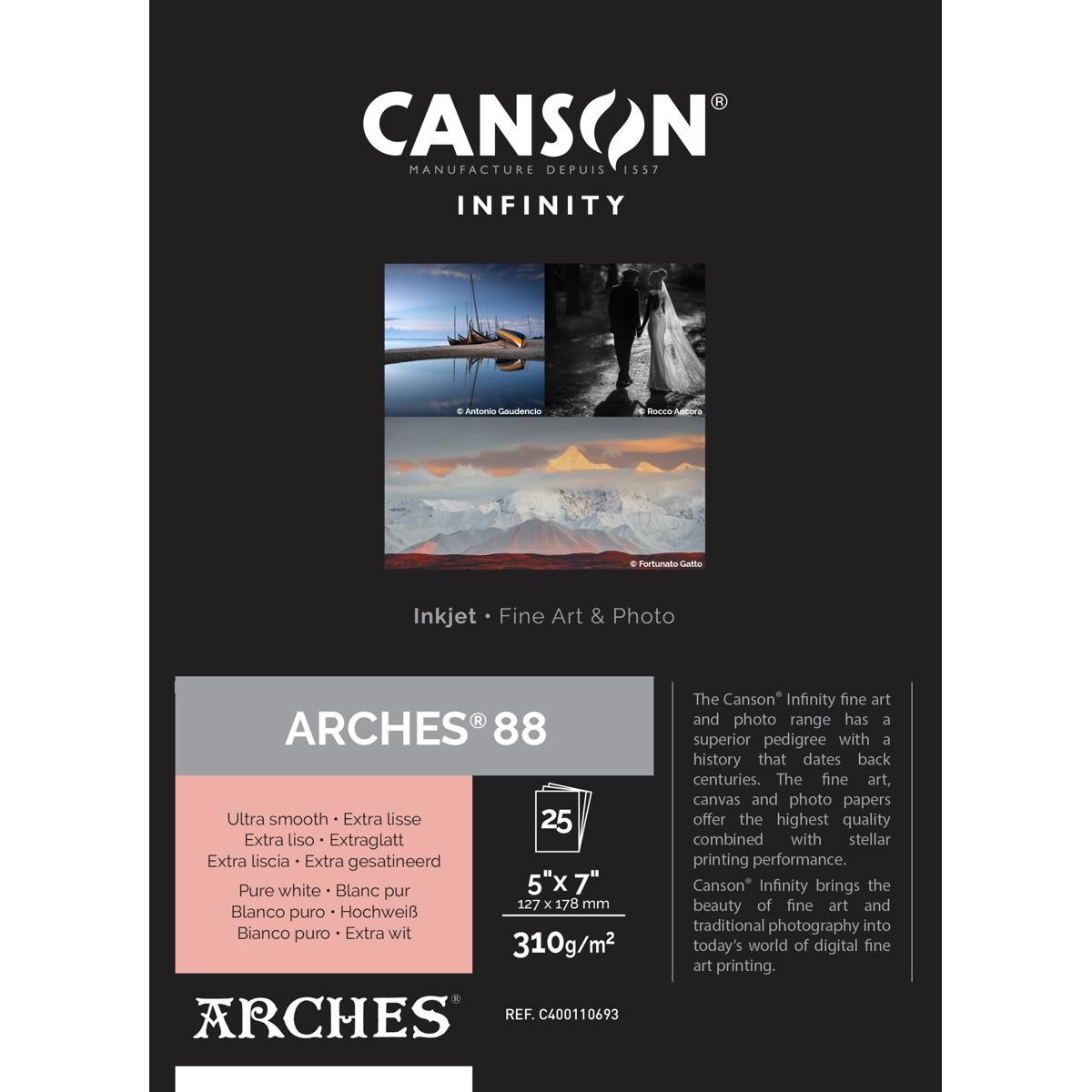 Canson Infinity ARCHES 88 Ultra Smooth Pure White Matte Inkjet Paper, 310gsm, 5x
