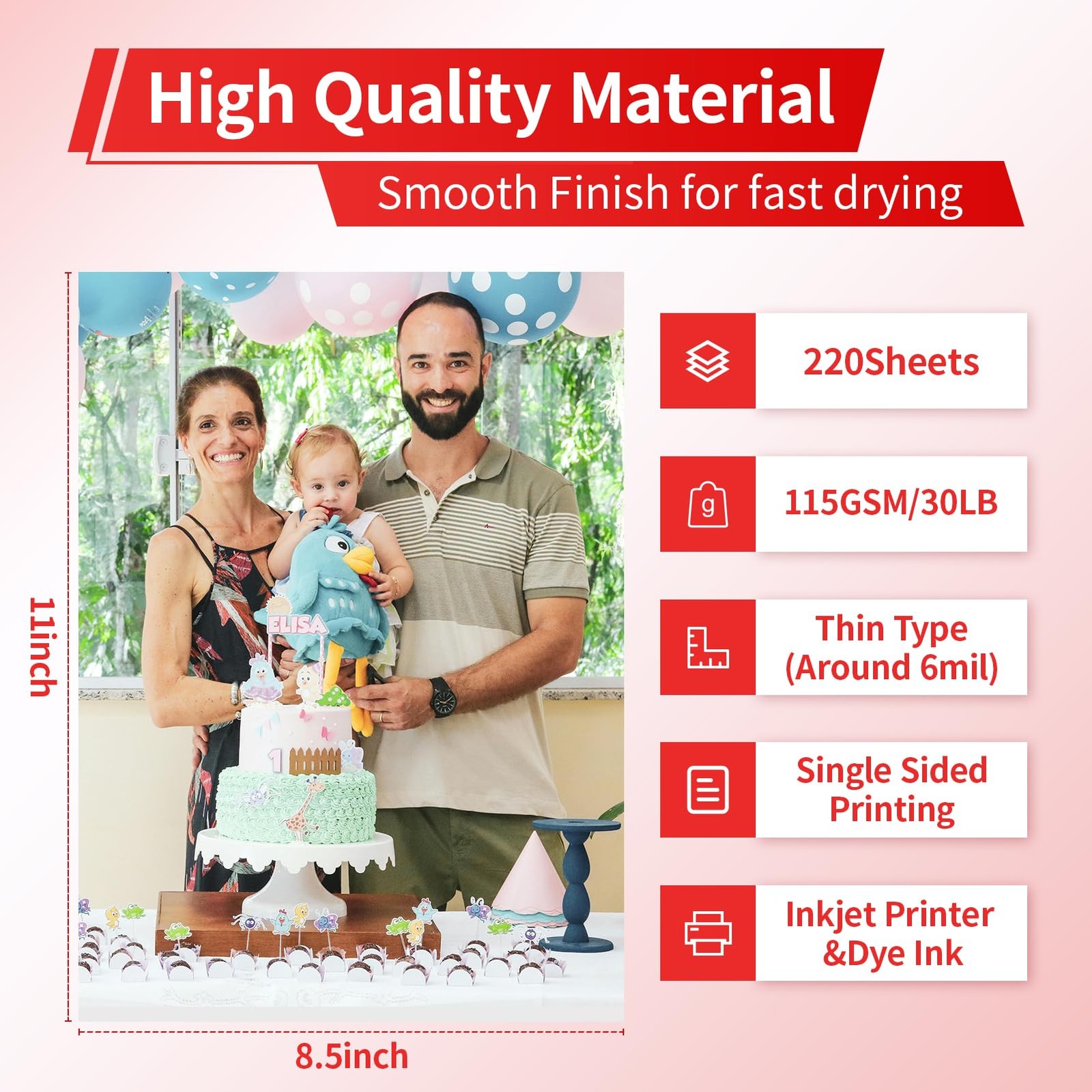 Thin Glossy Inkjet Printer Paper 115gsm For DIY Chip Bags 8.5×11 In 220 Sheets