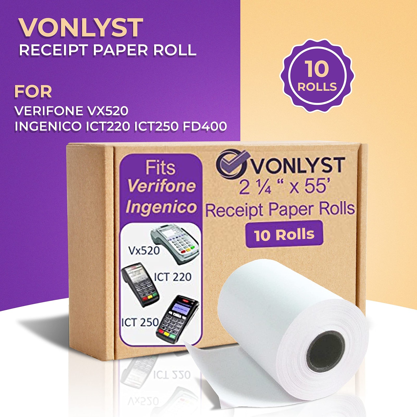 Vonlyst Thermal Paper Roll 2 1/4 X 55 for Verifone Vx520 10 rolls, White
