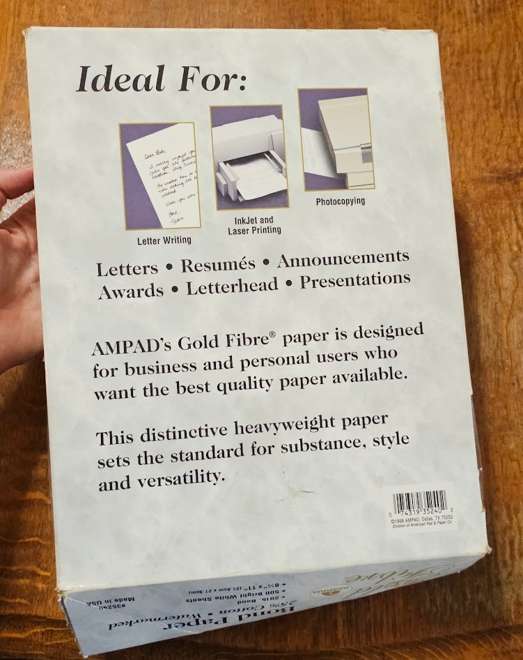 AMPAD Gold Fibre 25% Cotton Paper 90 Bright 20lb 8.5×11 White 250 Sheets -1998