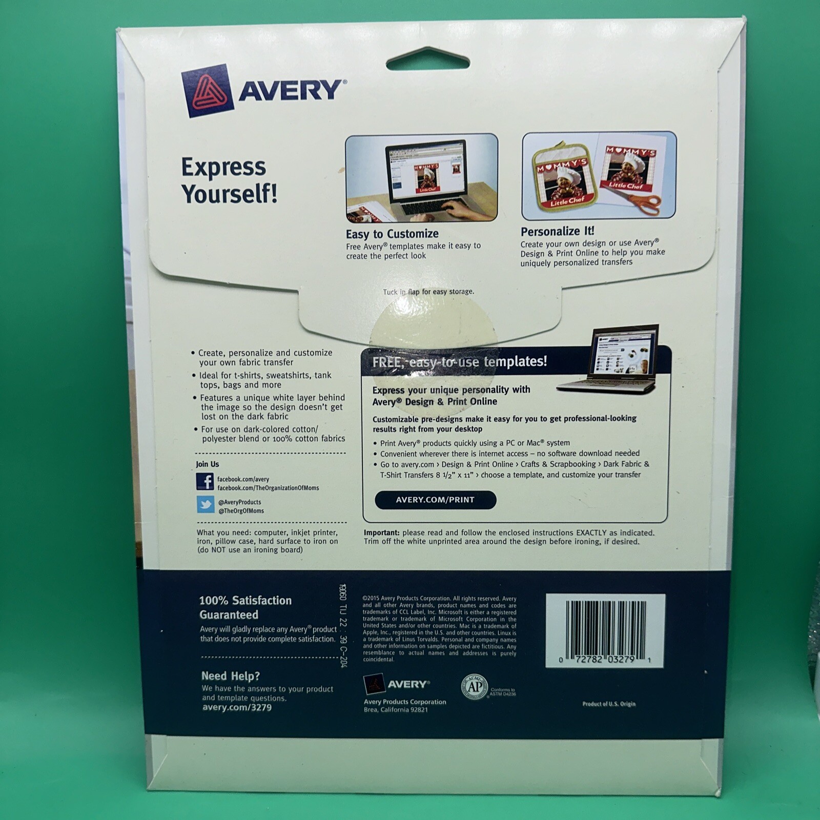 NEW Avery Dennison 3279 Fabric Transfer Paper, 5 Sheets,Dark Inkjet 8 1/2”x11”