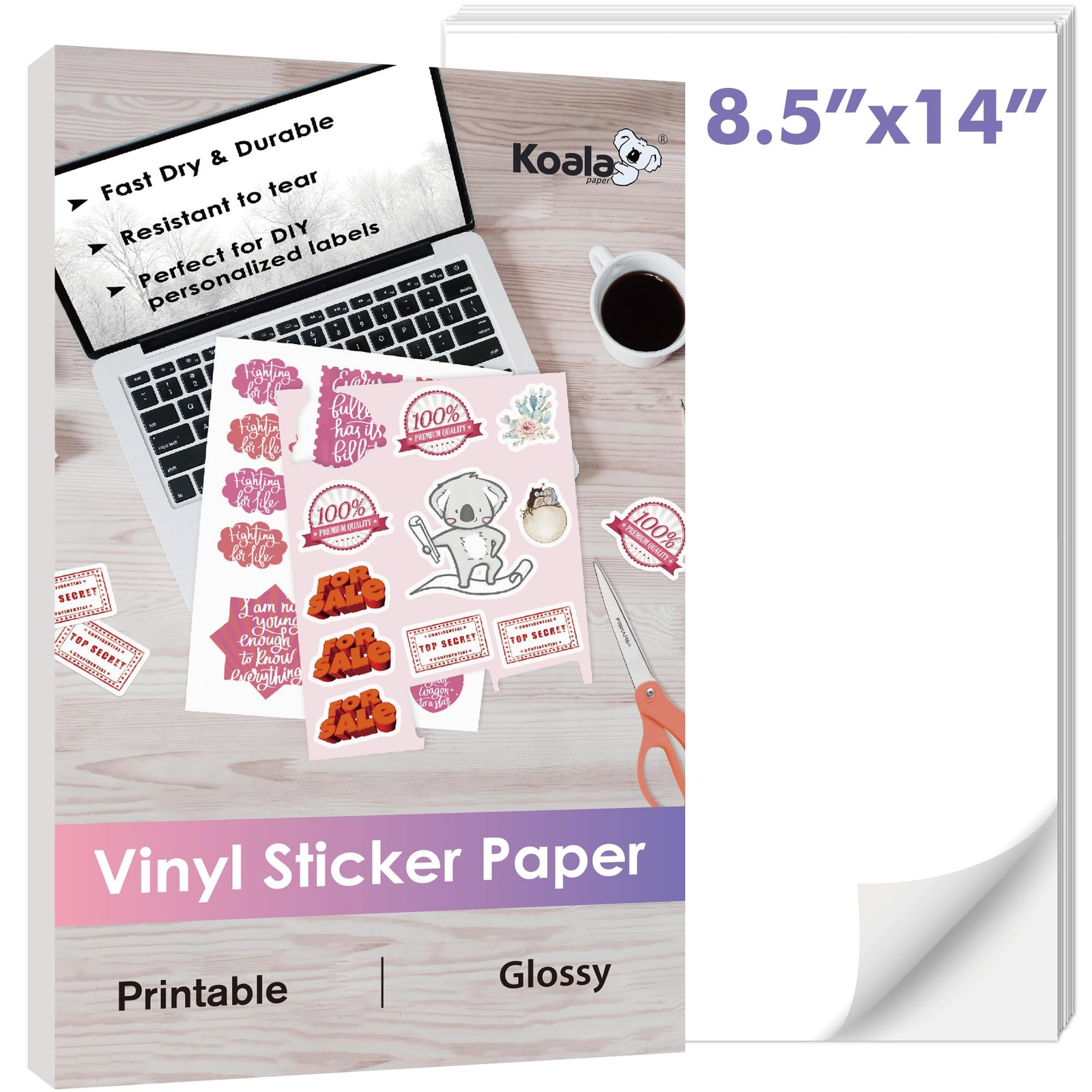 Koala Printable Vinyl Sticker Paper for Inkjet Printers, 8.5×14 Inch 20 Sheet…