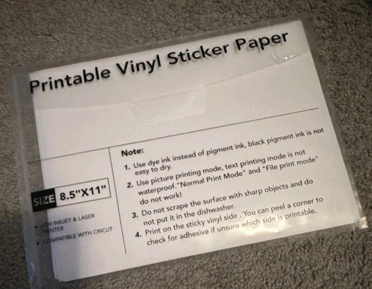 Glossy Vinyl Sticker Paper 20pc 8.5 x 11 for Inkjet & Laser, Compatible W Cricut