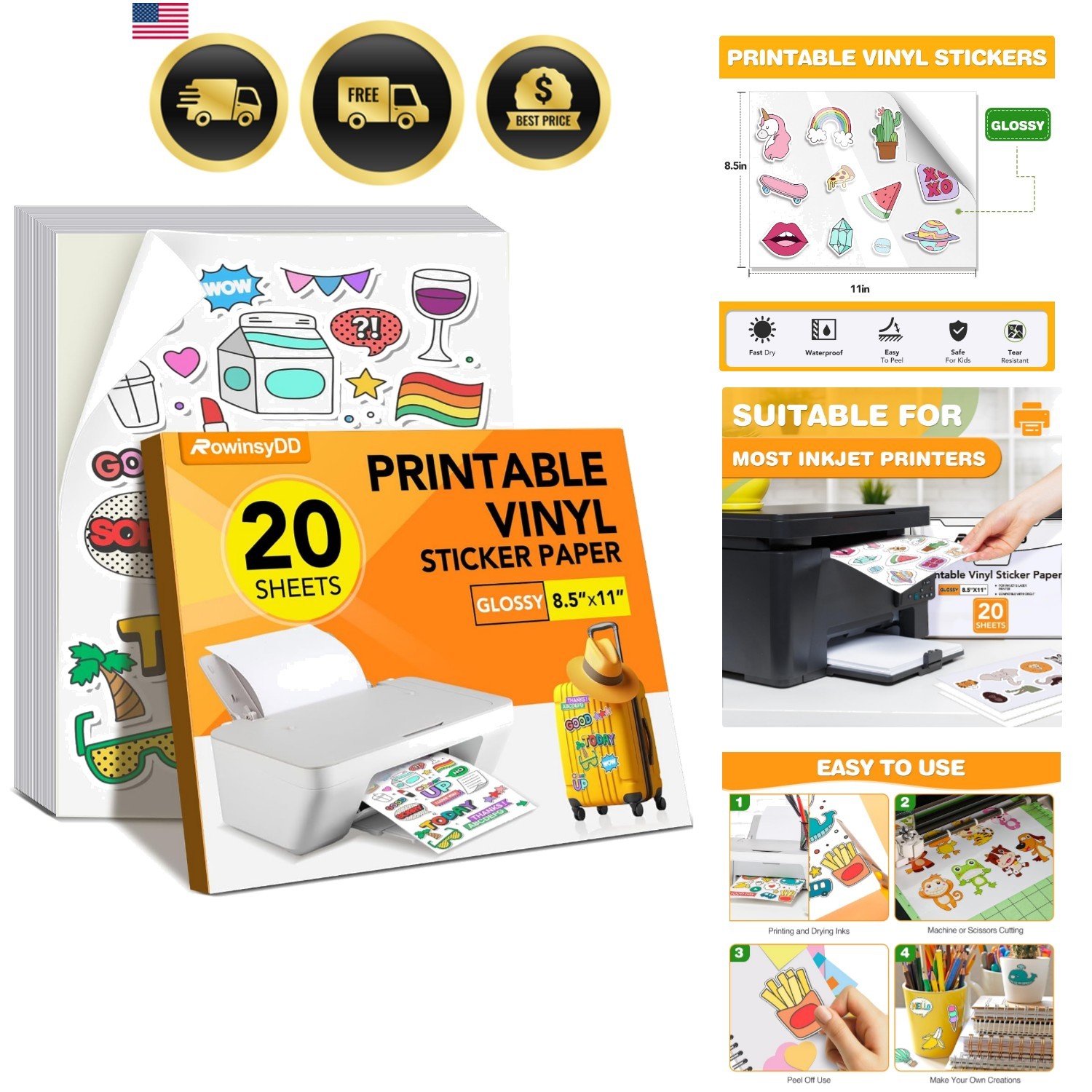 20 PCS Sticker Paper for Inkjet Printer, Printable Vinyl Sticker Paper Dries …