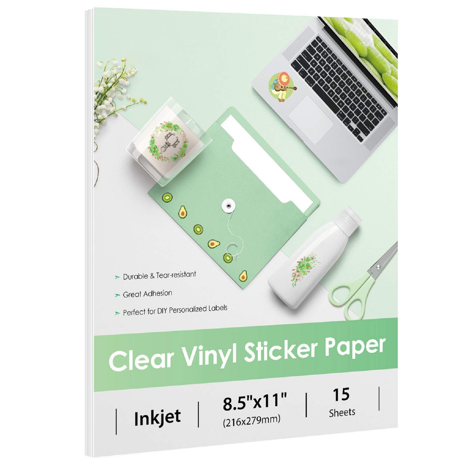 Vinyl Sticker Paper, Inkjet Printable, 8.5×11, 15 Sheets, Clear