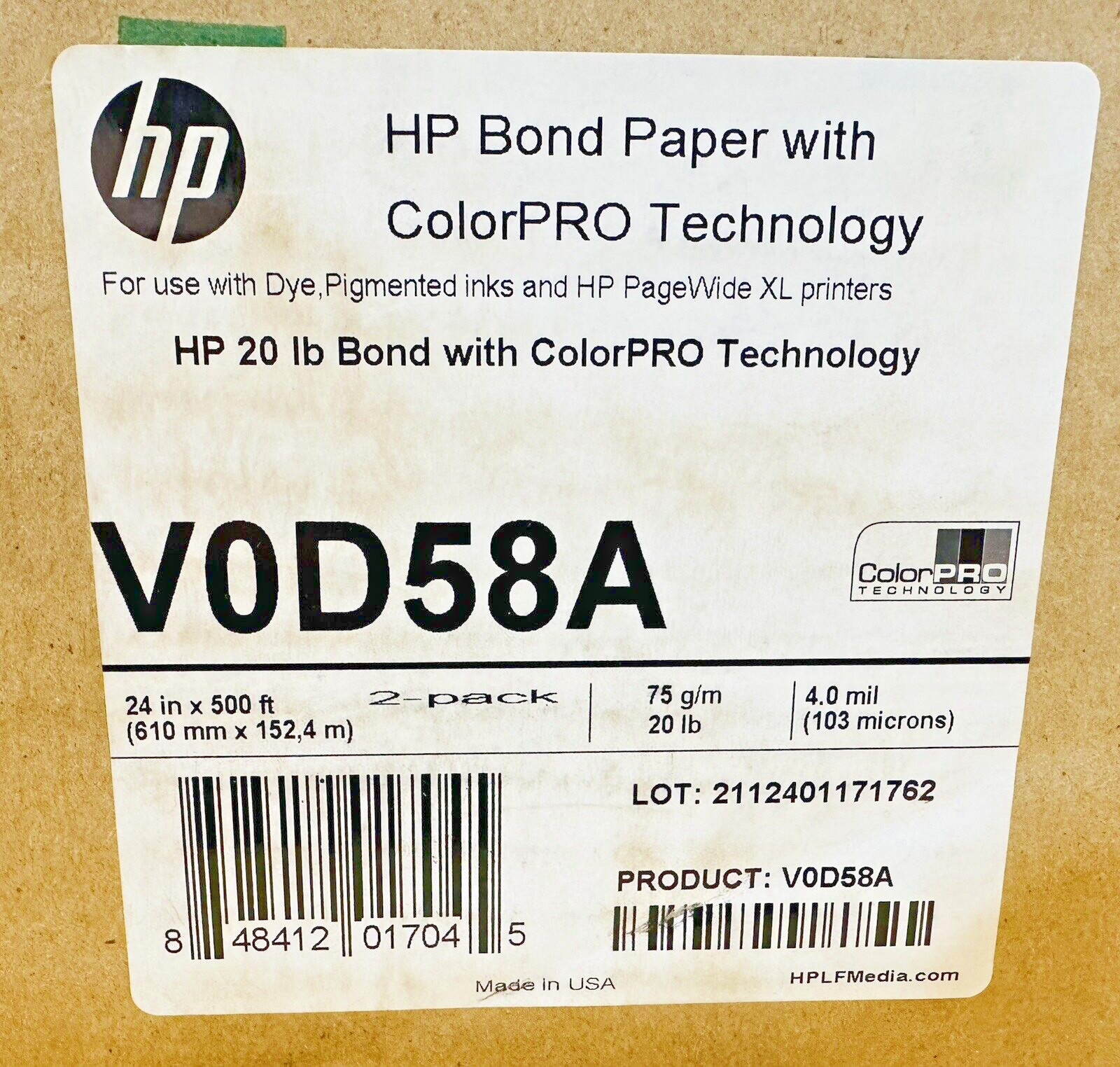 2 Pack, HP Bond paper With ColorPRO Technology V0D58A 20 IB Bond