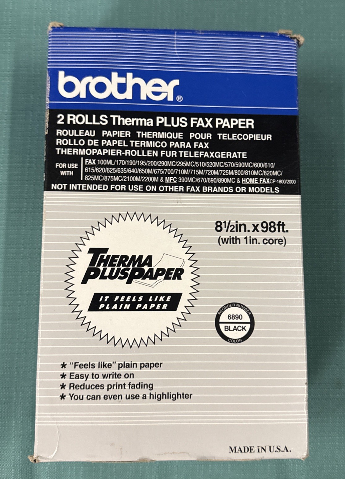 Brother Thermal Plus Fax Paper, 5 Rolls, #6890, 8-1/2 in X 98 ft, 1 in Core, OEM