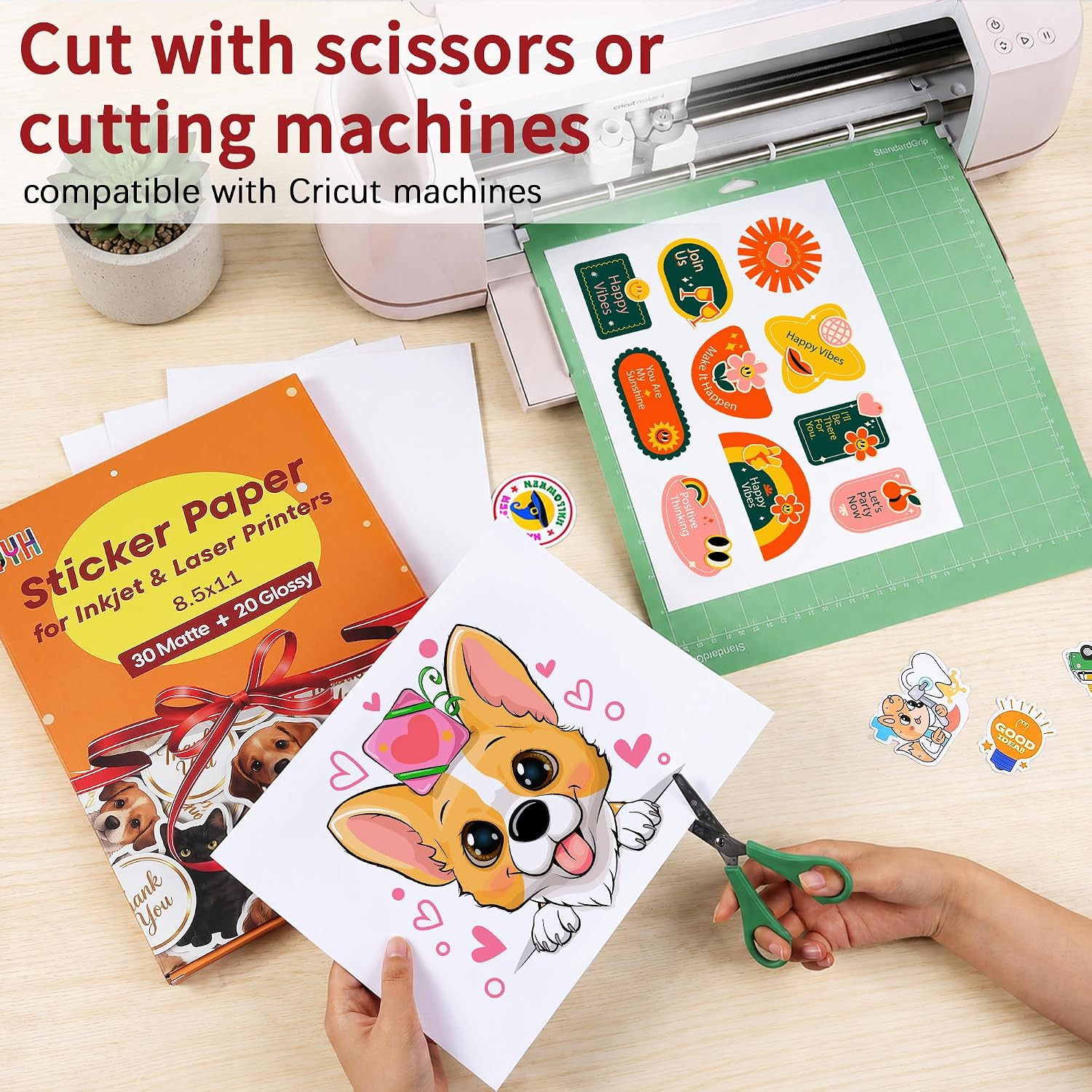 Printable Vinyl Sticker Paper, 50 Sheets (30 Matte + 20 Glossy) 8.5X11″ | for In