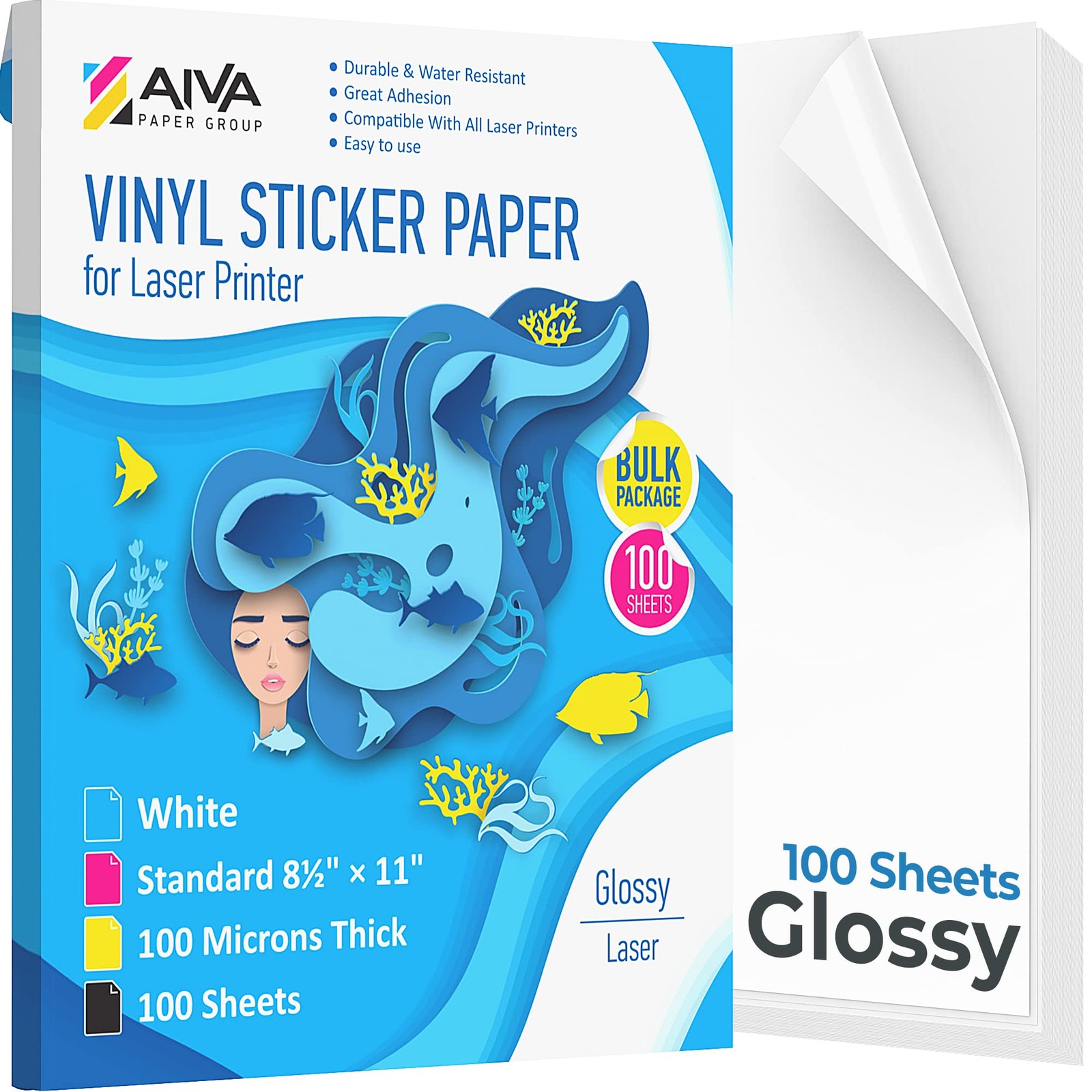 100pk Glossy White Printable Vinyl Sticker Paper for Laser Printer 8.5″x11″ Wate