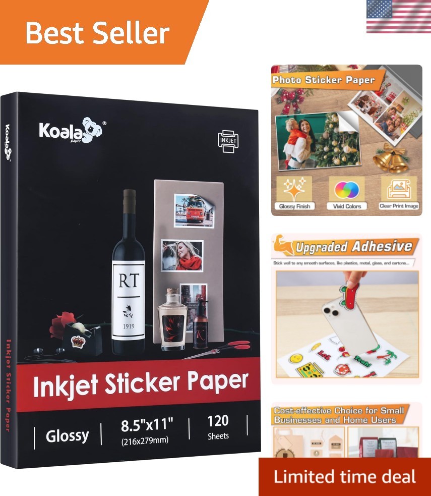 Koala Printable Glossy Sticker Paper for Inkjet Printer, White, 8.5×11 Inch S…