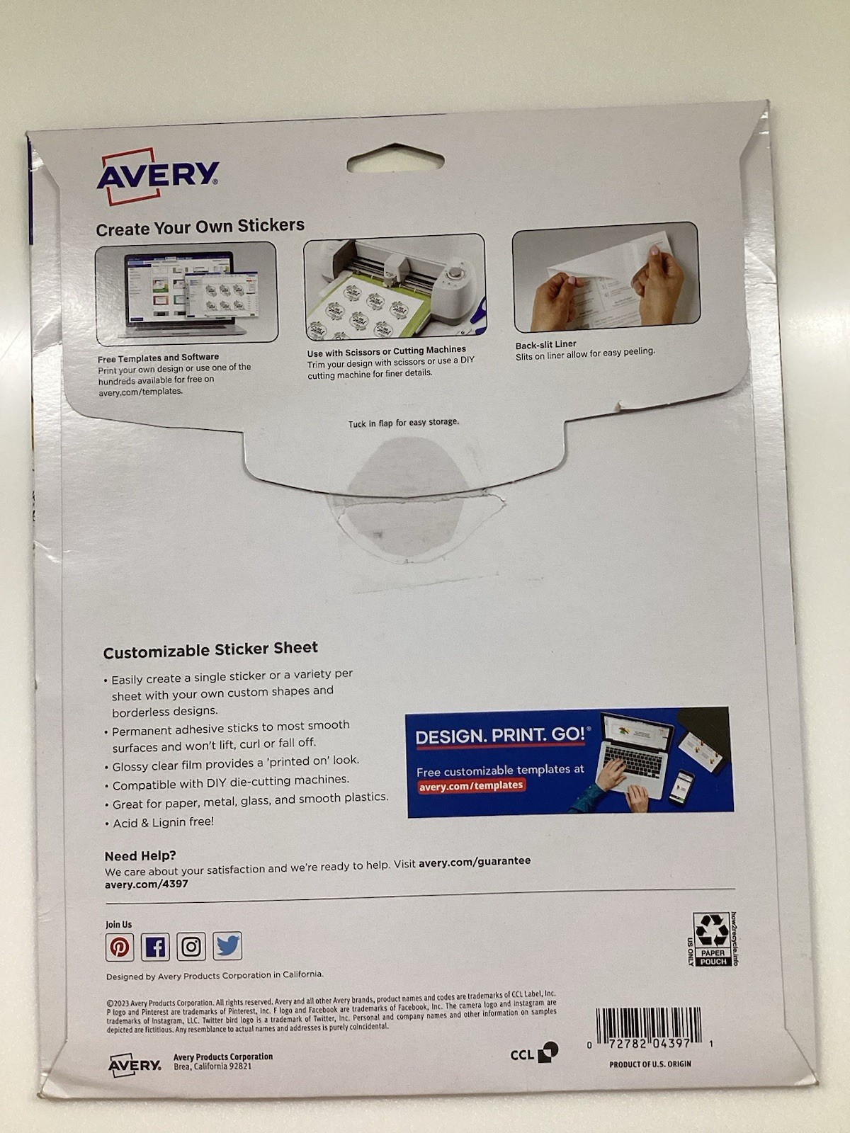 Avery DIY Glossy Clear Sticker Paper #4397 8 1/2” x11” 7 Sheets Laser/Inkjet