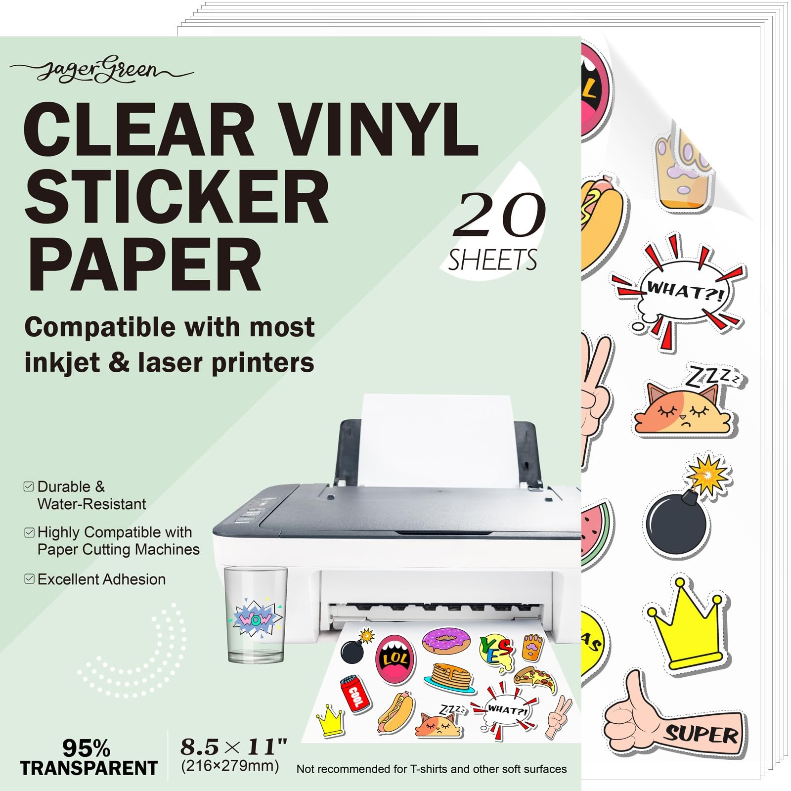 20 Sheets 95% Transparent Sticker Paper for Printing Waterproof A4 216×279…