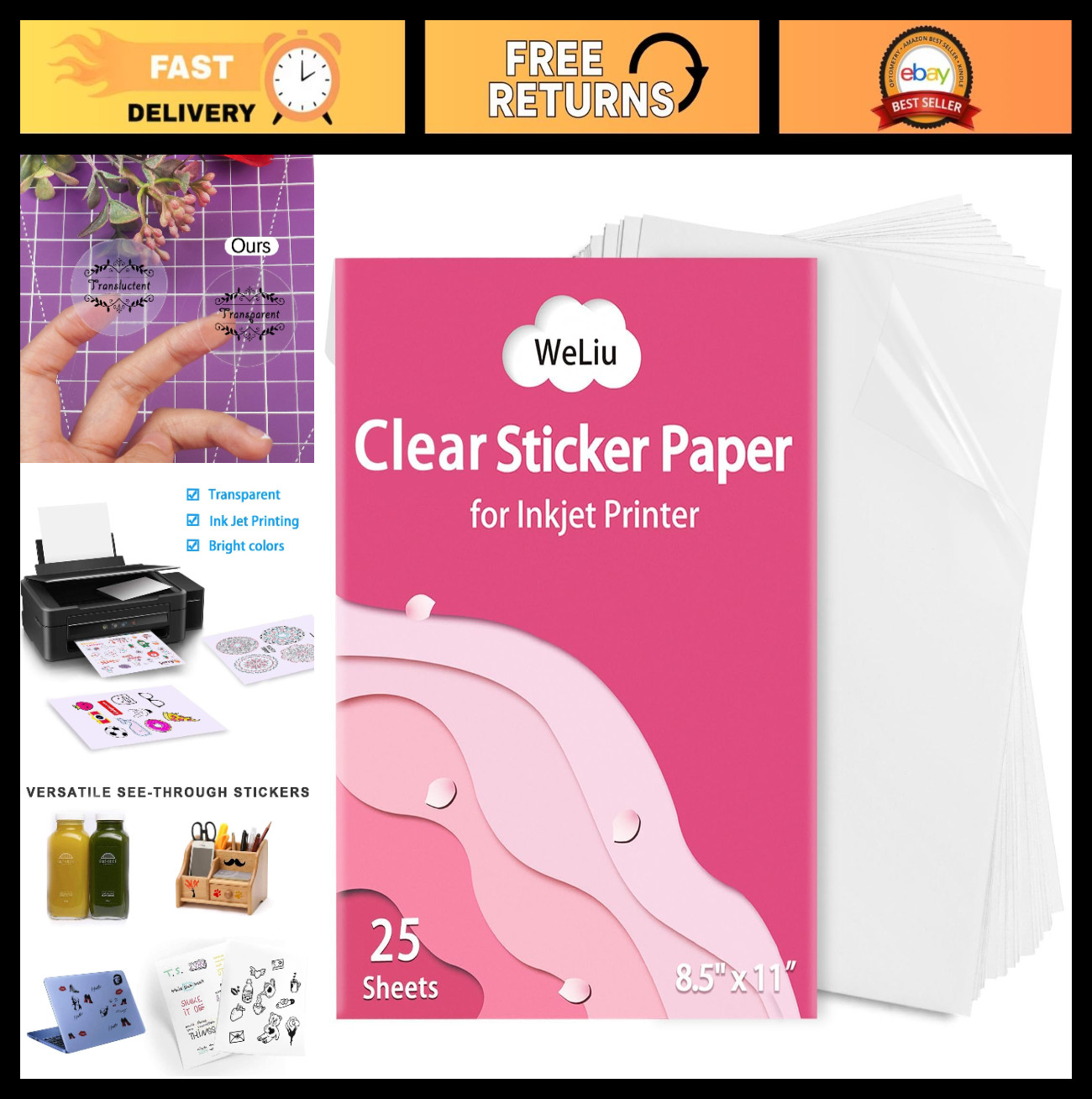 Premium Clear Printable Sticker Paper 8.5″ x 11″ – 25 Sheets Full Sheet Labels f