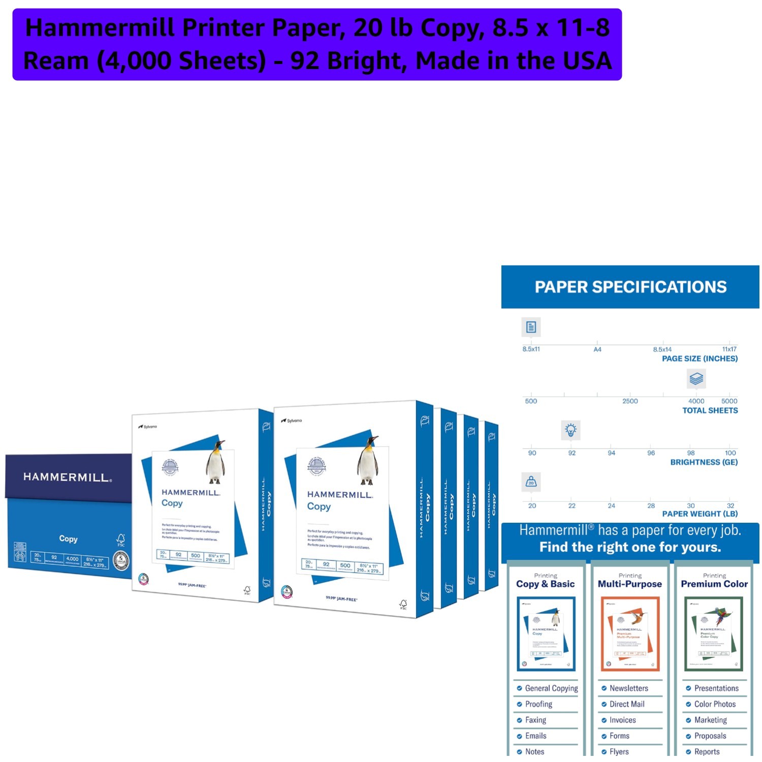 Jam-Free 20 lb Copy Paper, 8.5 x 11, 4000 Sheets – 92 Brightness, Smooth Finish