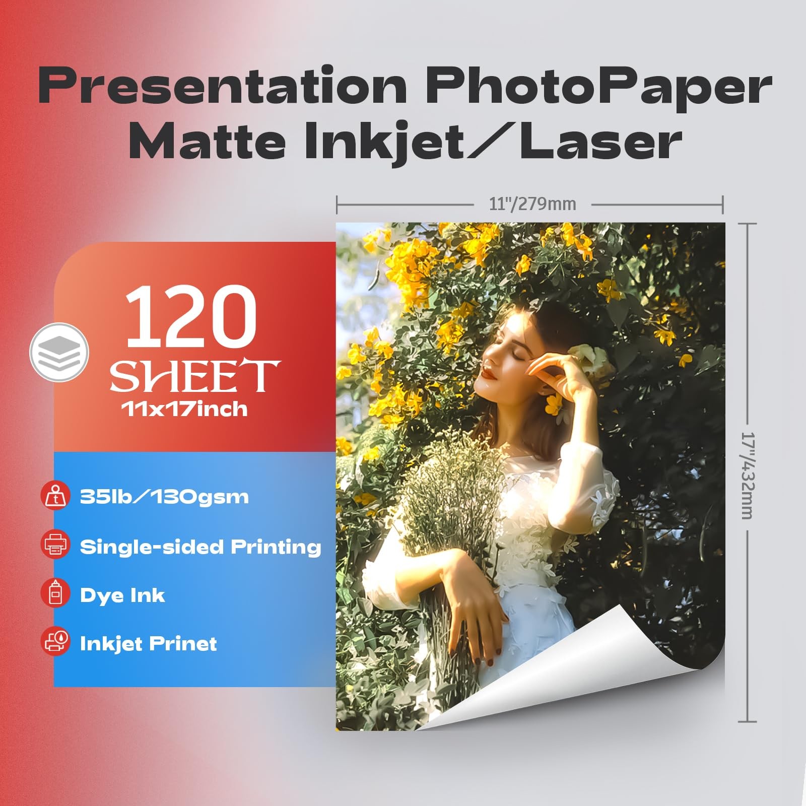 Thin Matte Presentation Photo Paper 11×17 Inch 35LB 130GSM 6.5Mil 120 PCS