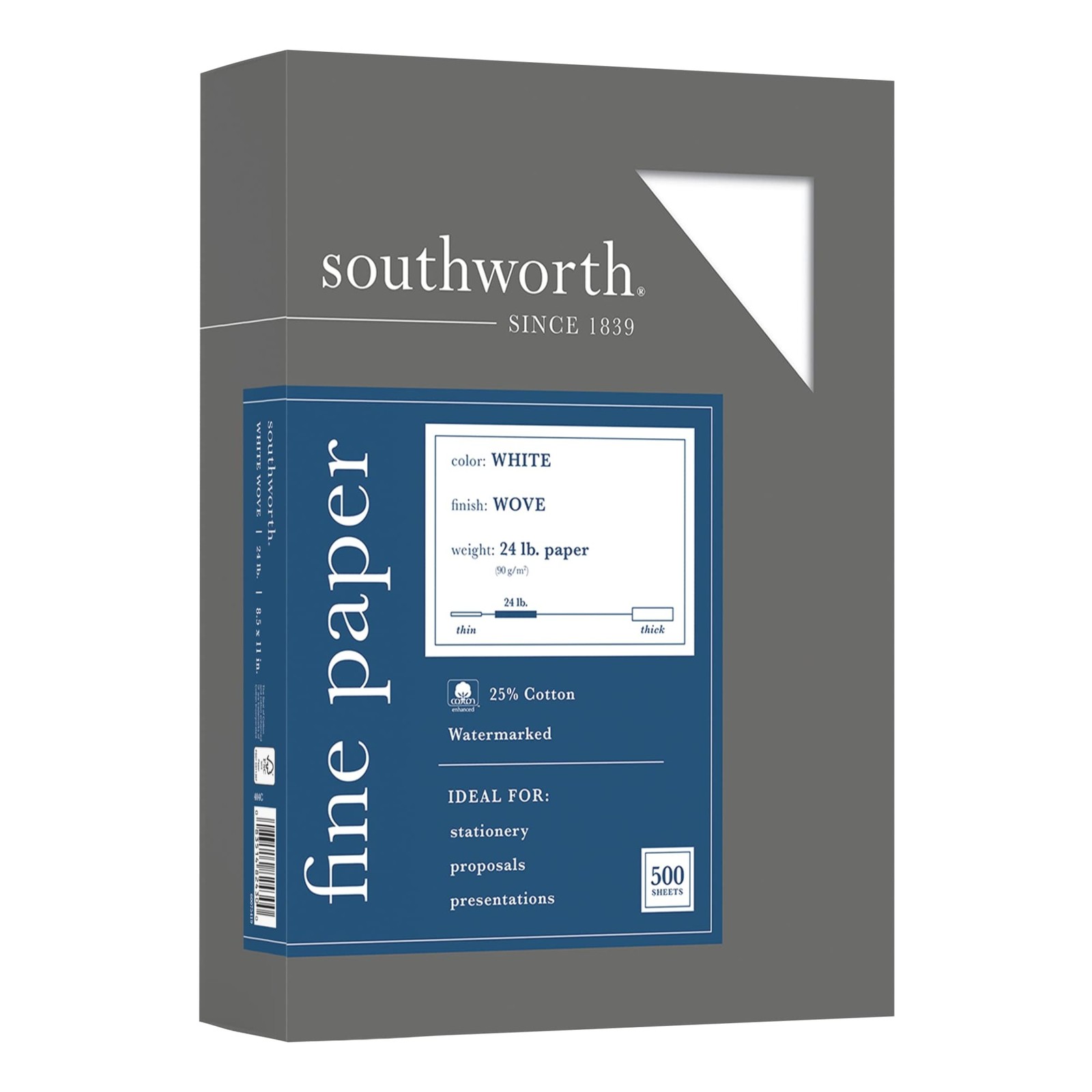 25% Cotton Business Paper 8.5×11, 24 Lb White, 500 Sheets Box