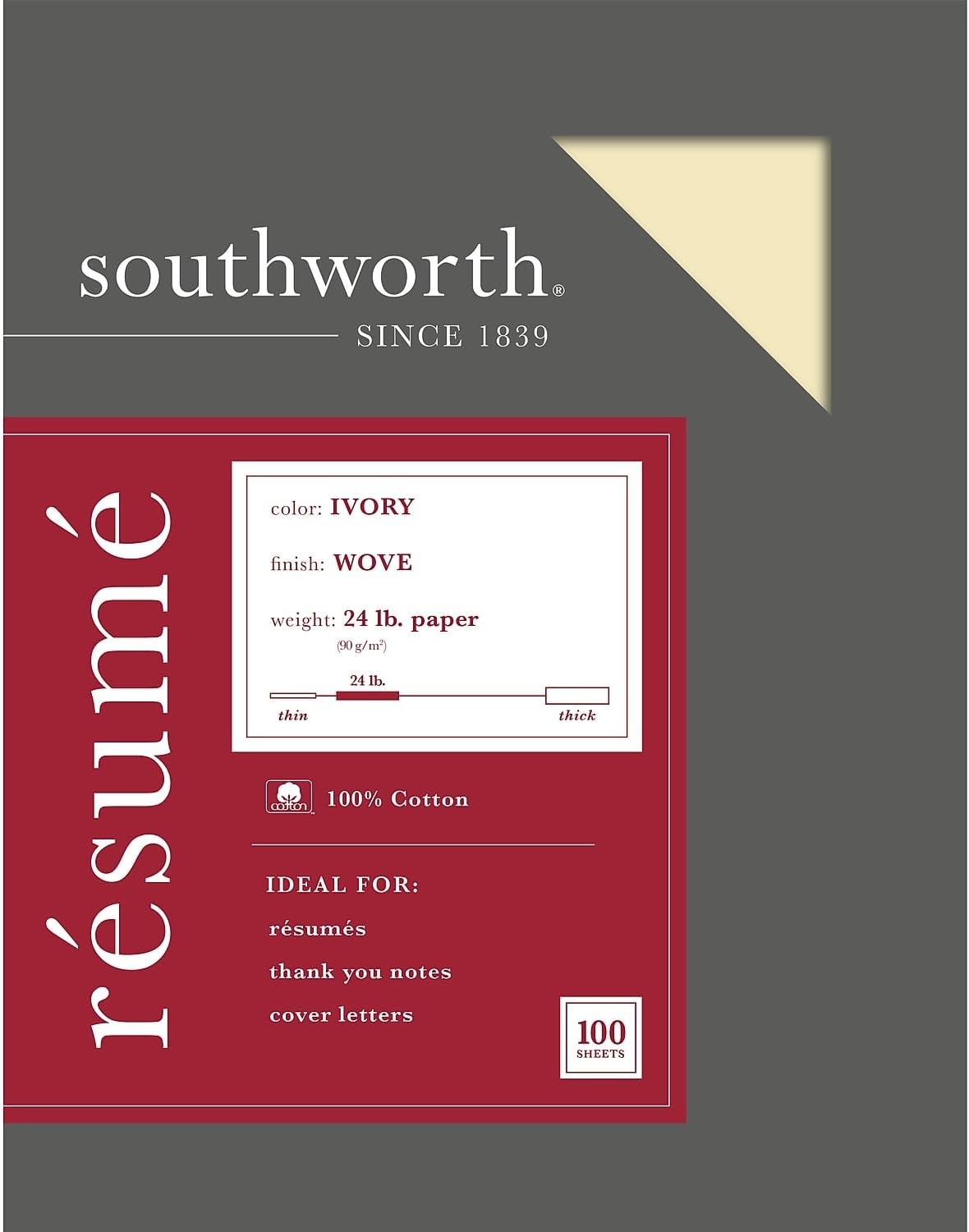 Southworth 100% Cotton Resume Paper Ivory 24lb 100 Pack