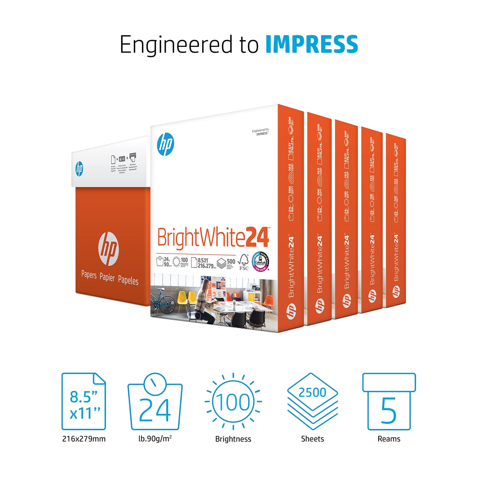 HP BrightWhite24 Printer Paper 24lb 2500 Sheets Colorlok FSC Certified USA