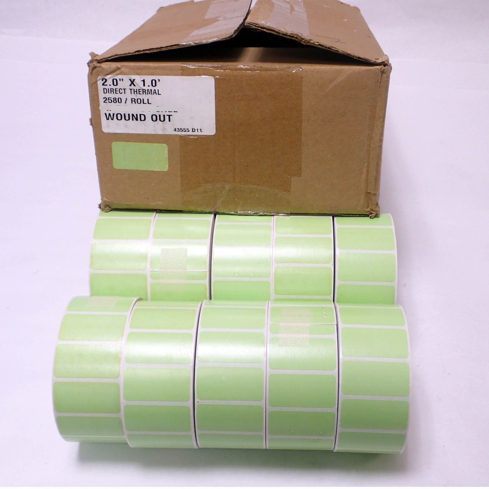 LOT OF 10 ROLLS DIRECT THERMAL LABEL 2.0” x1.0” GREEN 2580/ROLL 2” CORE NEW/NOS